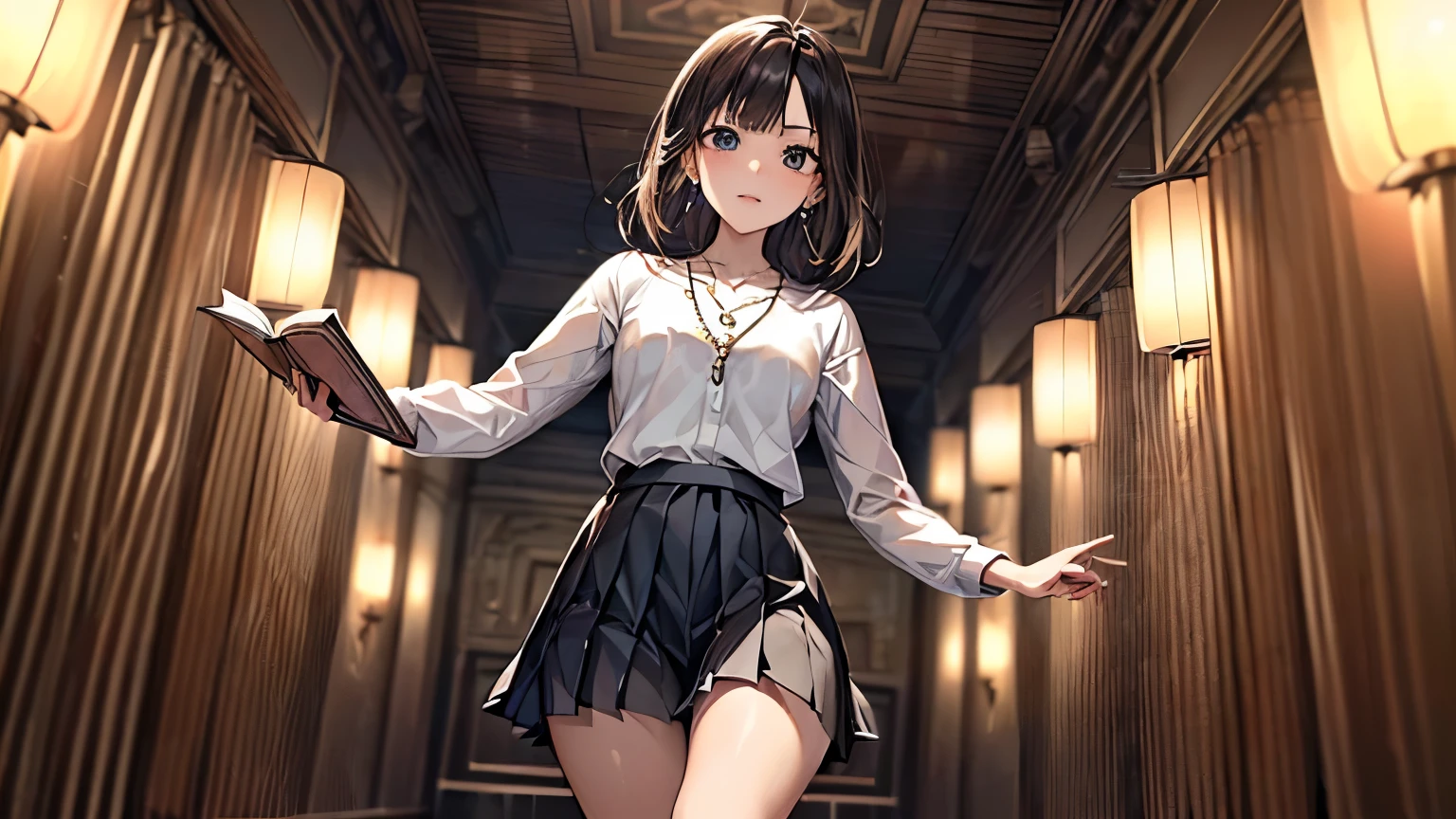 ((Biologically correct limb count))、(( 顔を含むwhole body写真))、4K、((Standing position))、masterpiece、((Symmetrical facial features))、Eye for detailed depiction、Beautiful woman、Excellent style、Beautiful clavicle、Beautiful feet、Beautiful Hands、Slender body、(Small Ass、Thin thighs)、(High heels)、Detailed depiction of the face、Small earrings、necklace、(shirt、(Block pleated skirt))、Glancing sideways、Great background、Low Angle、Reading a book、whole body、Sitting