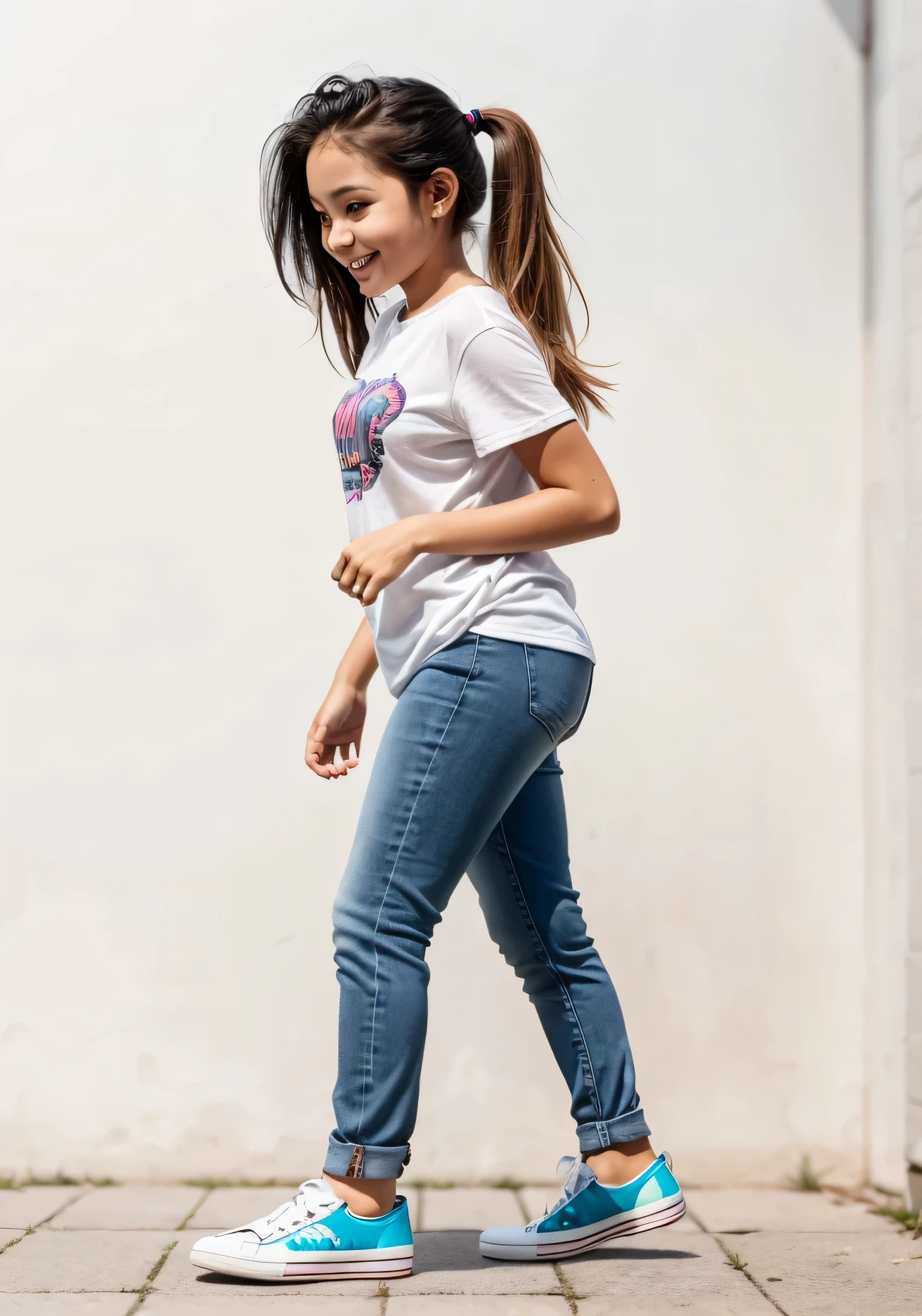 Wearing jeans、Holding a skateboard、Congressman walking on a white background, (15Year old girl:1.66) ,(Black Hair,(Flat Chest:1.37),(smile:1.37), (White sneakers)Profile portrait of a girl walking, Full body cute young woman, Side view of her taking a step, Standing girl, Cute Girl's, Go right, Full body image, looking at the camera