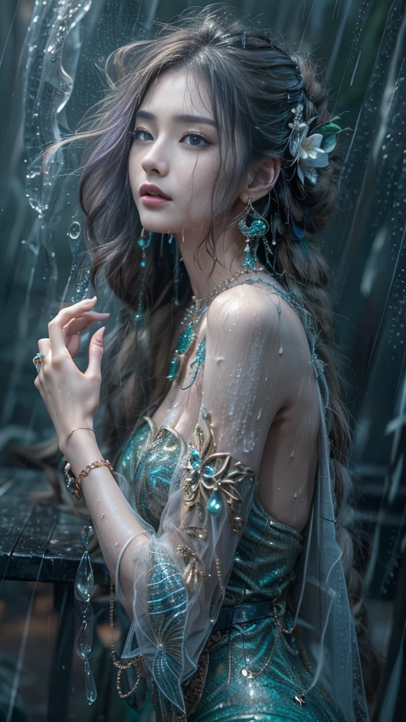 (RAW shooting, Majestic:1.3, 32k:1.5, highest quality, masterpiece, Ultra-high resolution), Perfect dynamic composition:1.3, (heavy snow, Ocean:0.7, Majestic背景:0.7, Expressions of sadness:0.9), 非常にdetailedな肌と顔の質感:1.3, (Slim Mermaid:1.3), Random Shot, Fair skin:1.2, Mystical Expressions:1.0, Incredibly slim body:1.2, Fractal Art:1.1, Very beautiful face:1.1, Water droplets on the skin, detailed, (Rain drips down on my body:1.1, Wet body:1.1, Wet Hair:1.1), (Standing Pro, With a wet bouquet:0.9, Purple gorgeous mermaid dress portrait:1.0, Woven Belt), Shapely breasts, (Big eyes that exude beautiful eroticism:0.5, Lips that exude beautiful eroticism:0.5), I love you, Very sweet atmosphere, necklace, Earrings, bracelet