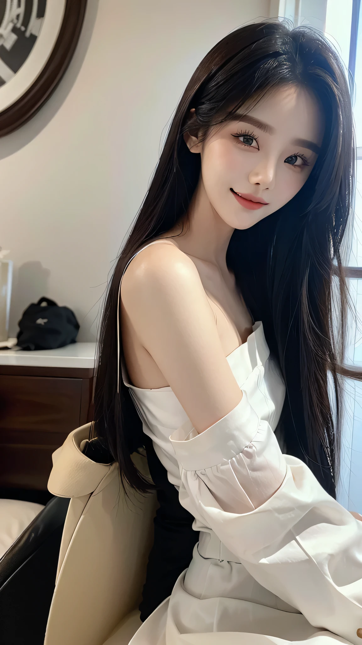 ​masterpiece、top-quality)、1 beautiful girl、((Wearing black sunglasses )), (Detailed beautiful eyes), ((Detailed skin)) , ((Detailed medium hair)), inside the black villa、((Boyish Brown Medium Hair))、((Smaller face))、((Neutral face))、((Face seen from the side))、((Light brown eyes))、((Korean Girl))、((18year old))、((cool lady))、((A shy smile on his face))、((Korean Makeup))、((elongated and sharp eyes))、((Happy dating))、((boyish))、((Shot from the same height as your face)、inside the white villa ), ((CG rendering)), ((Blurred background)), ((16K)),  ((Very detailed)), ((wallpaper)), ((depth of field))