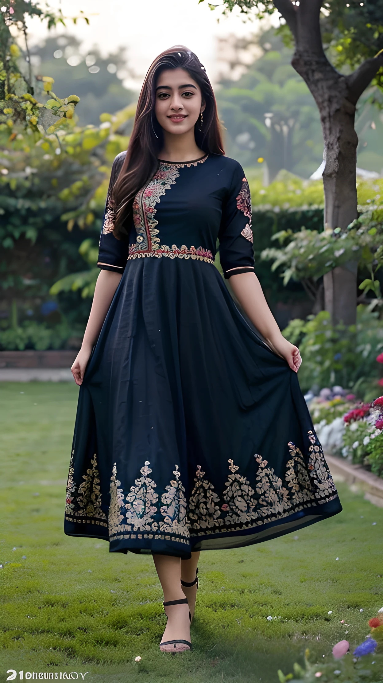21 yo Indian women Ananya Pandey wearing embroidery classic fabulous black anarkali dress , body fit clothes, full body view Flowers garden pretty smile perfect anatomy ,detailed face, realistic realism 8k