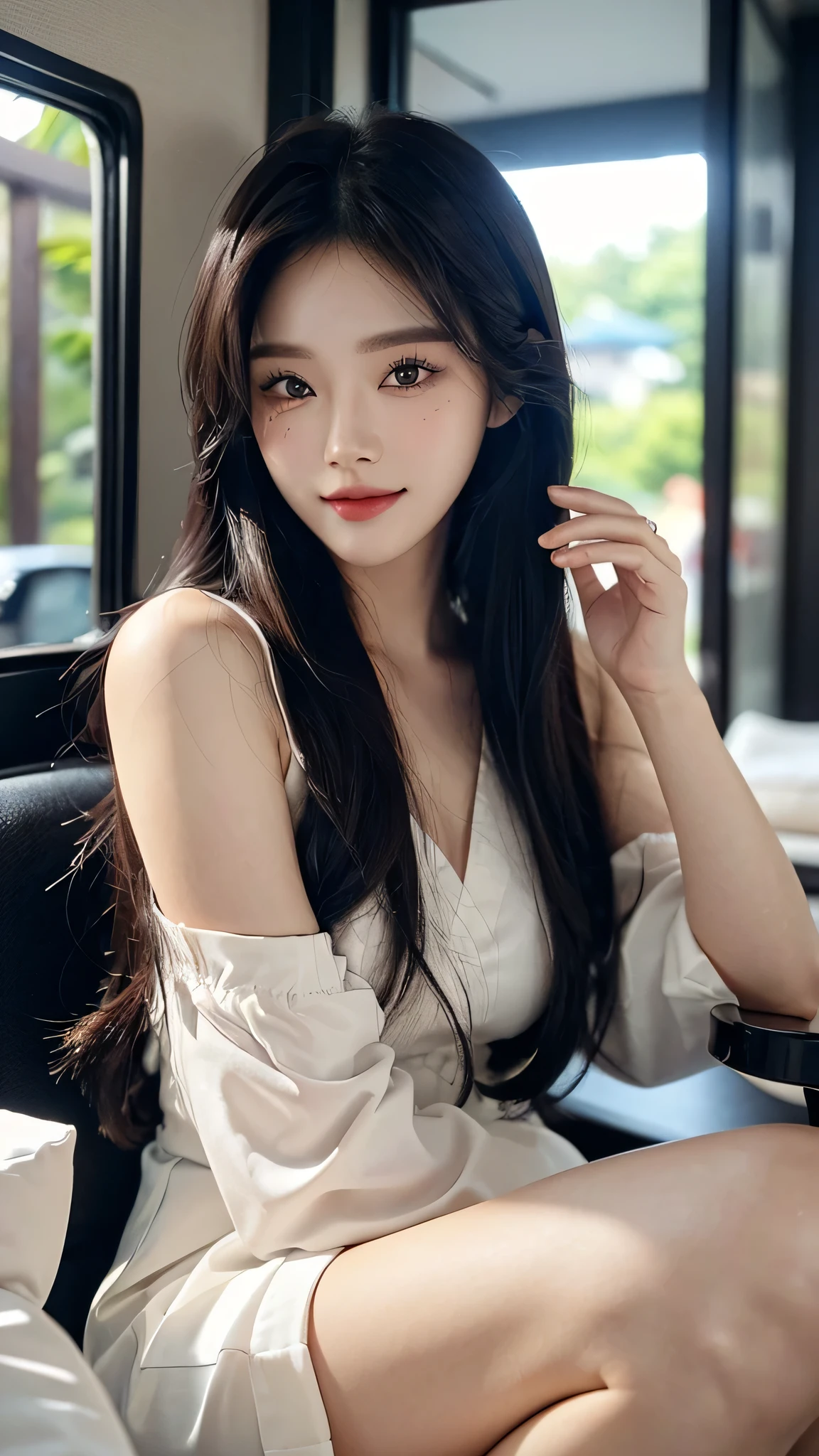 masterpiece、top-quality)、1 beautiful girl、((Wearing black sunglasses )), (Detailed beautiful eyes), ((Detailed skin)) , ((Detailed medium hair)), inside the black villa、((Boyish Brown Medium Hair))、((Smaller face))、((Neutral face))、((Face seen from the side))、((Light brown eyes))、((Korean Girl))、((18year old))、((cool lady))、((A shy smile on his face))、((Korean Makeup))、((elongated and sharp eyes))、((Happy dating))、((boyish))、((Shot from the same height as your face)、inside the white villa ), ((CG rendering)), ((Blurred background)), ((16K)), ((Very detailed)), ((wallpaper)), ((depth of field))