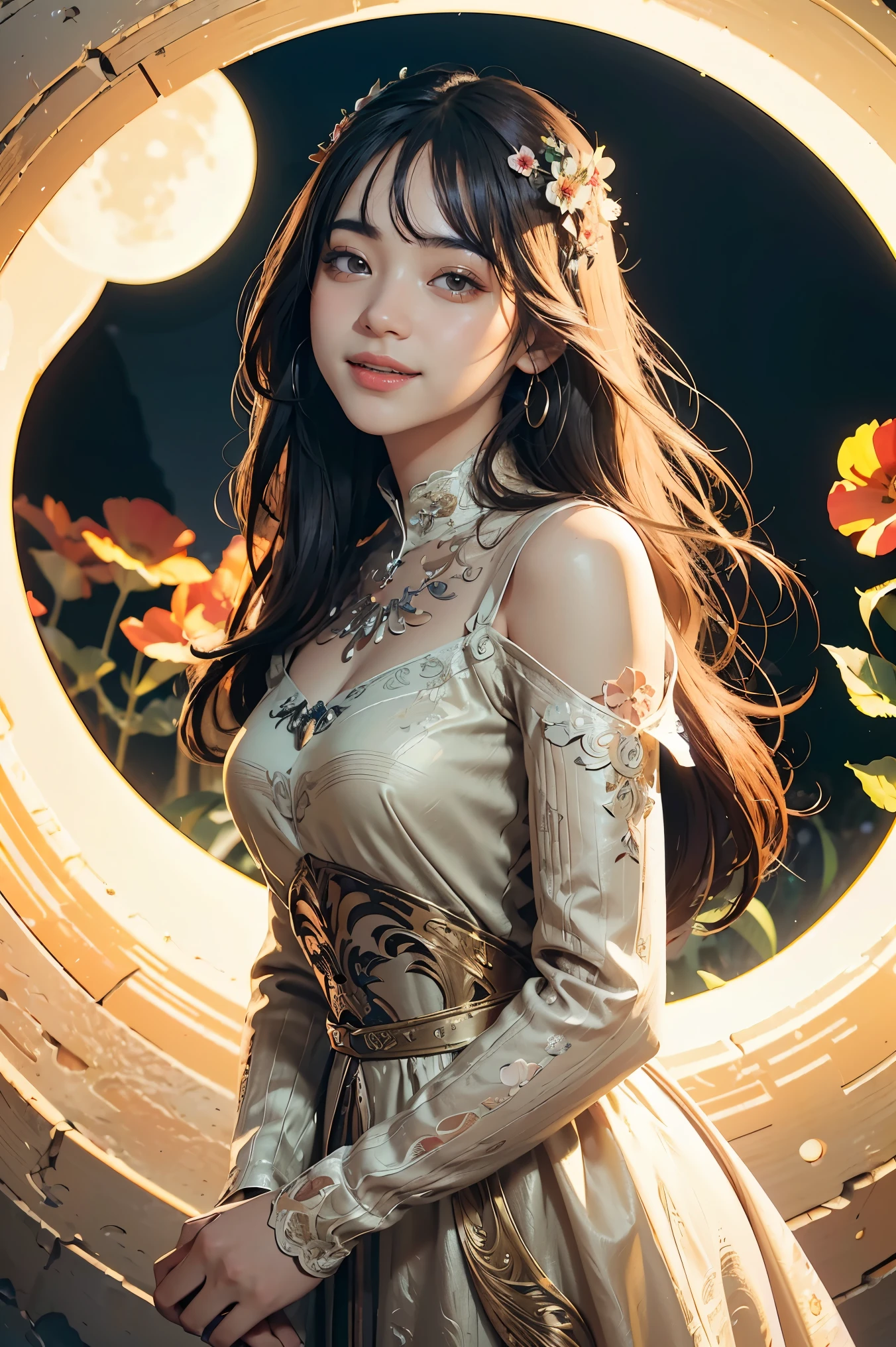 (masterpiece),(best quality), illustration, (fantasy:1.4), brown long hair, long eye lashes, solid circle eyes, light smile, Surrealism, drop shadow, anaglyph, stereogram, atmospheric perspective, 8k, super detail, accurate, best quality, UHD, textured skin, long dress, a moon, flowers , paper_cut
