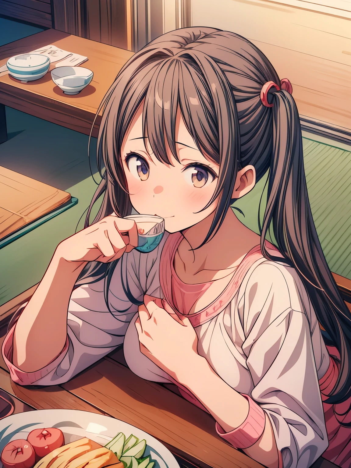 (masterpiece、highest quality、highest quality、Official Art、Beautiful and beautiful:1.2)、(One girl:1.3)Hatsune Miku、Twin tails,Big Breasts,(Eat a meal in a kotatsu、Anime girl drinking tea, Pixiv, Cute Anime, In Pixiv, Anime Food, Cute Animeの猫娘, Anime Wallpaper, , trending in Pixiv, hd Anime Wallpaper, Cute Animeの女の子, Cute girl anime visuals, Anime Moe Art Style, Anime Background, Anime Style 4k, Asuka
