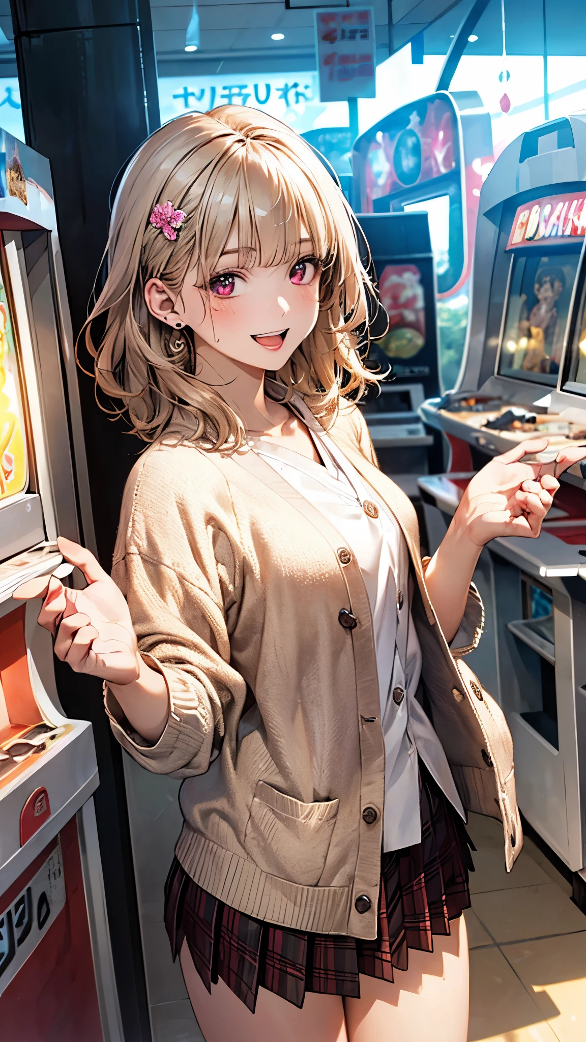 (masterpiece:1.2, top-quality), ultra high res, ultra detailed, (realistic, photorealistic:1.4), beautiful illustration, perfect lighting, natural lighting, depth of fields, ,
looking at viewer, full body, 1 girl, japanese, high school girl, perfect face, (perfect anatomy, anatomically correct, super detailed skin), cute and symmetrical face, babyface, shiny skin,
(short hair, wavy hair, ash blonde hair), blunt bangs, maroon eyes, long eye lasher, (medium breasts:0.6, thin thighs), slender,
beautiful detailed hair, beautiful face, beautiful detailed eyes, beautiful clavicle, beautiful body, beautiful chest, beautiful thigh, beautiful legs, beautiful detailed hands, (five fingers)
(detailed cloth texture, long length beige cardigan, white collared shirt, over plaid red pleated skirt), flower hair ornament,
(beautiful scenery), summer, evening, (inside amusement arcade:1.2), (happy smile, open mouth small),