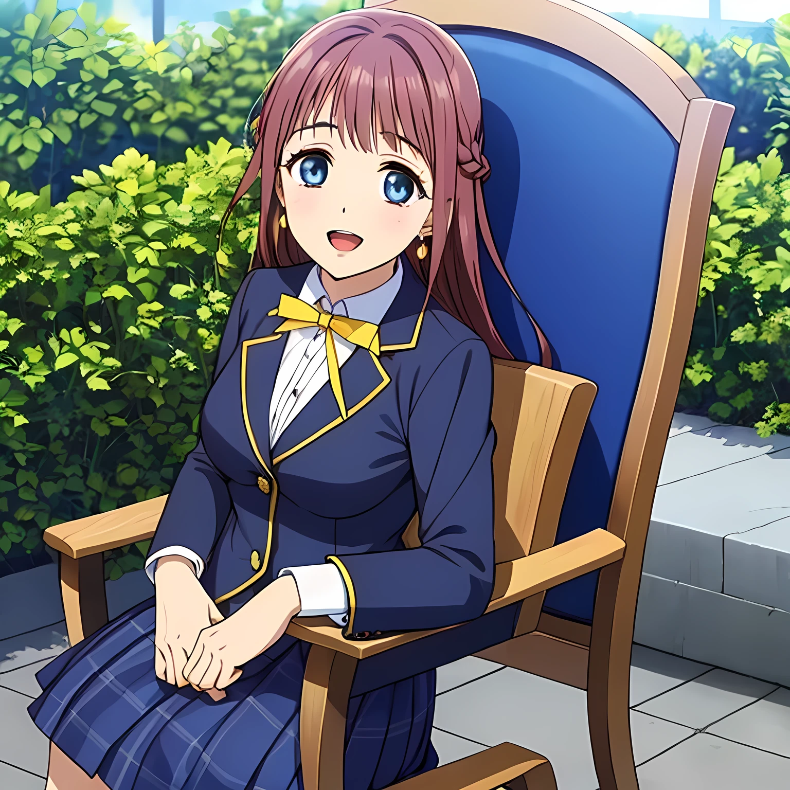 highest quality, (masterpiece:1.2), Very detailed, ((((Game CG)))), ((((A portrait by Renoir of a very noble and elegant 18-year-old aristocrat wearing a  and sitting in a chair.)))), ((The girl everyone loves)), (((((Very beautiful, wavy, long flaxen hair))))), ((((A rough textured dark navy blue blazer)))), ((((A long pleated skirt in a neat dark navy blue check pattern)))), ((((Very beautiful and shining eyes)))), ((Very long eyelashes)), A big white ribbon on the chest, ((A refined and elegant look like a noble princess)), (((Beautiful and great smile))), ((Small face and great posture)), ((Give the viewer a heavenly feeling of happiness)), (((Blur the background))), ((Very noble and elegant face)), ((Slender and shapely breasts)), (((laughing at me with pity!))), The background is a wall covered in deep green ivy., Gold hair ornament and earrings, ((The elegant, slightly open mouth and glossy lips of an anime heroine)), A strong wind is blowing