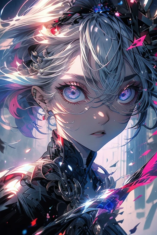 1girl,solo,cool,silver hair,upper body focus,perfect face,red eye,brilliant eye,vivid eye,dark except for the face,darkness,shadow,only shining eye