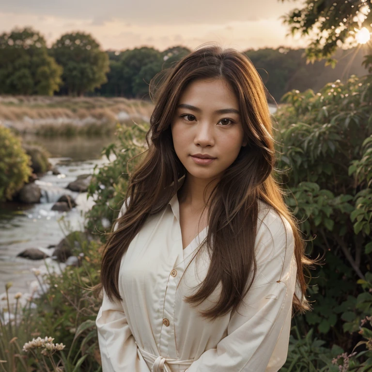 A realistic, insanely handsome happy asian girl, long windy hair, full length, highly detailed face, nature background at sunrise, detailed body, highly detailed, soft colors, porcelain skin, elegant, golden ratio, light brown hair, short windy hair, extremely handsome detailed eyes, bright colors, rainbow hair, giving a sense of isolation and introspection, backlighting, hasselblad helios 48mm F2