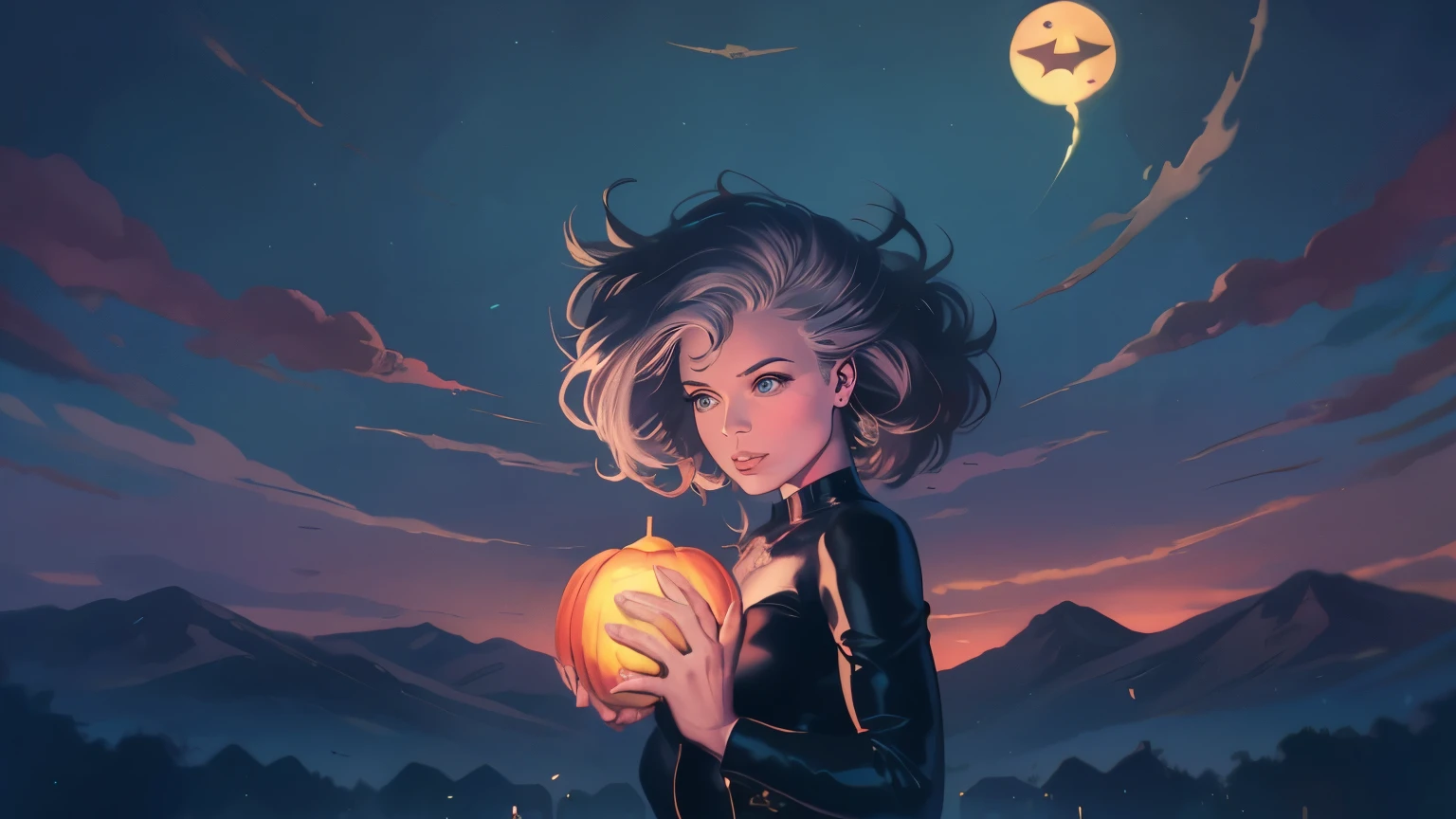 Portrait Chest, girl wearing a dark dress in a gloomy cemetery, atmosfera assustadora, lua cheia, Bats flying around, Jack Skellington, Cidade de Halloween, glowing pumpkin lanterns, Skeletal trees, casa assombrada, sombras misteriosas, Estilo Tim Burton, preto e branco com toques de cores vibrantes, estranha luz verde. (melhor qualidade,high resolution),paisagem escura e assustadora, gothic aesthetic, surreal e caprichoso, feriado assombrado