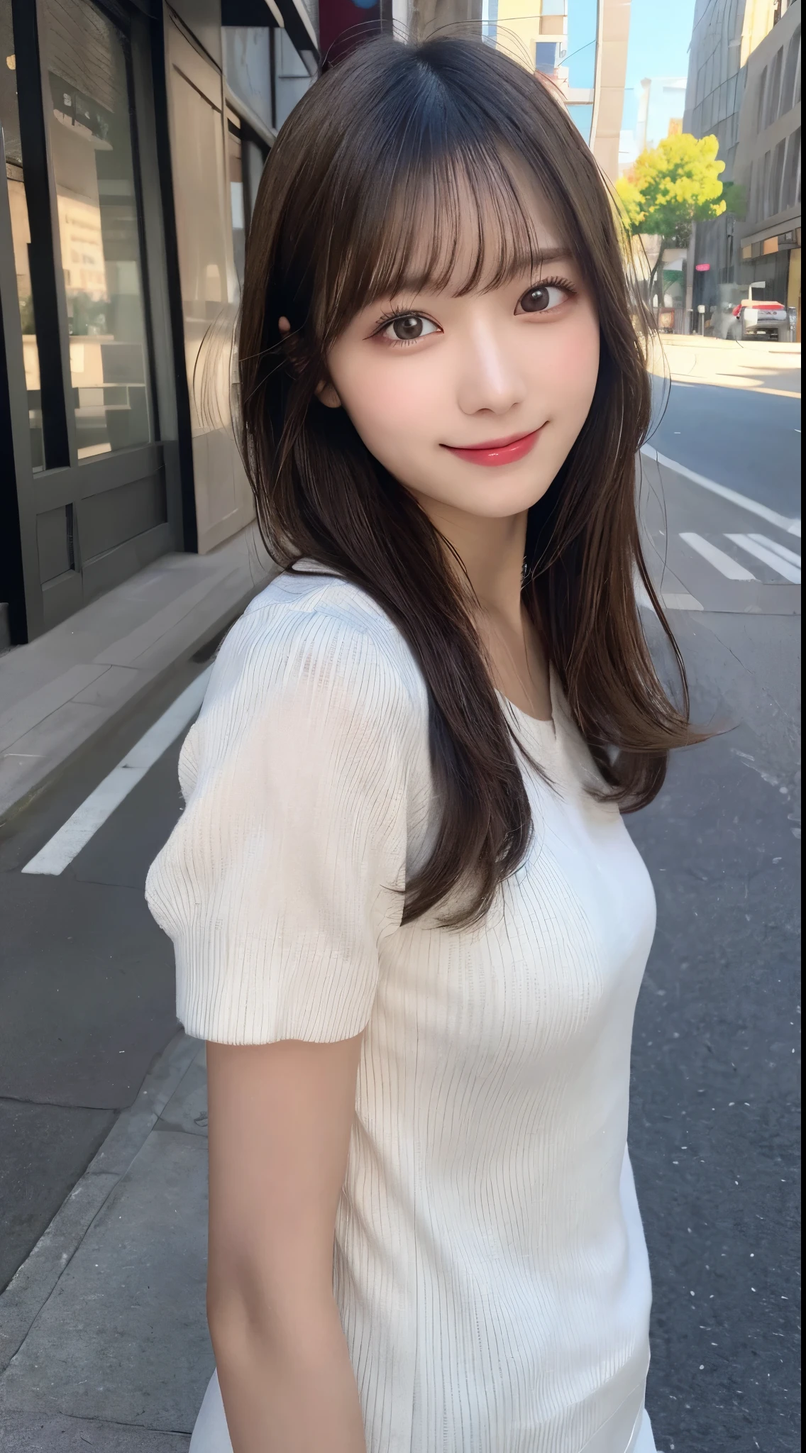 masutepiece, Best Quality, Illustration, Ultra-detailed, finely detail, hight resolution, 8K Wallpaper, Perfect dynamic composition, Beautiful detailed eyes, doress,Medium Hair, Natural Color Lip, Random and sexy poses,Smile,Aoyama Street Walk、A 24-year-old girl