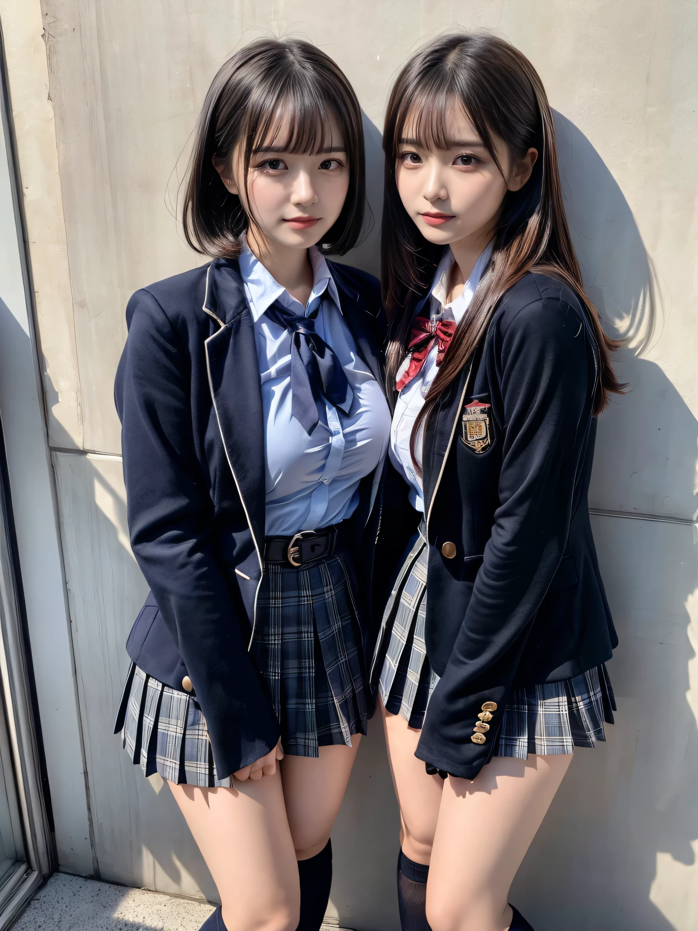 (8K, Raw photography, top-quality, masterpiece:1.2), muster piece, best quality, illustration, Super detailed, fine details, High resolution, 8K,wall paper, perfect dynamic composition,(Details High quality, realistic depiction of eyes:1.3), ((2 girls, 2 schoolgirls)), The background is a luxury hotel room、High school girl uniform、blazer 、Super Short Check Uniform Skirt、Navy blue high socks、garterbelts、Colossal tits、Disturbed uniform, Play with each other,Touching each other's bodies,Touching the body of the girl next door, short bob hair, black hair color, huge breasts, Big Natural Color Lip, bold sexy pose, (perfect body shape), crying a little、cold gaze, Beautiful makeup,glitter makeup,Cutest 18 years old、 beautiful legs, hposing Gravure Idol, Voluptuous thighs