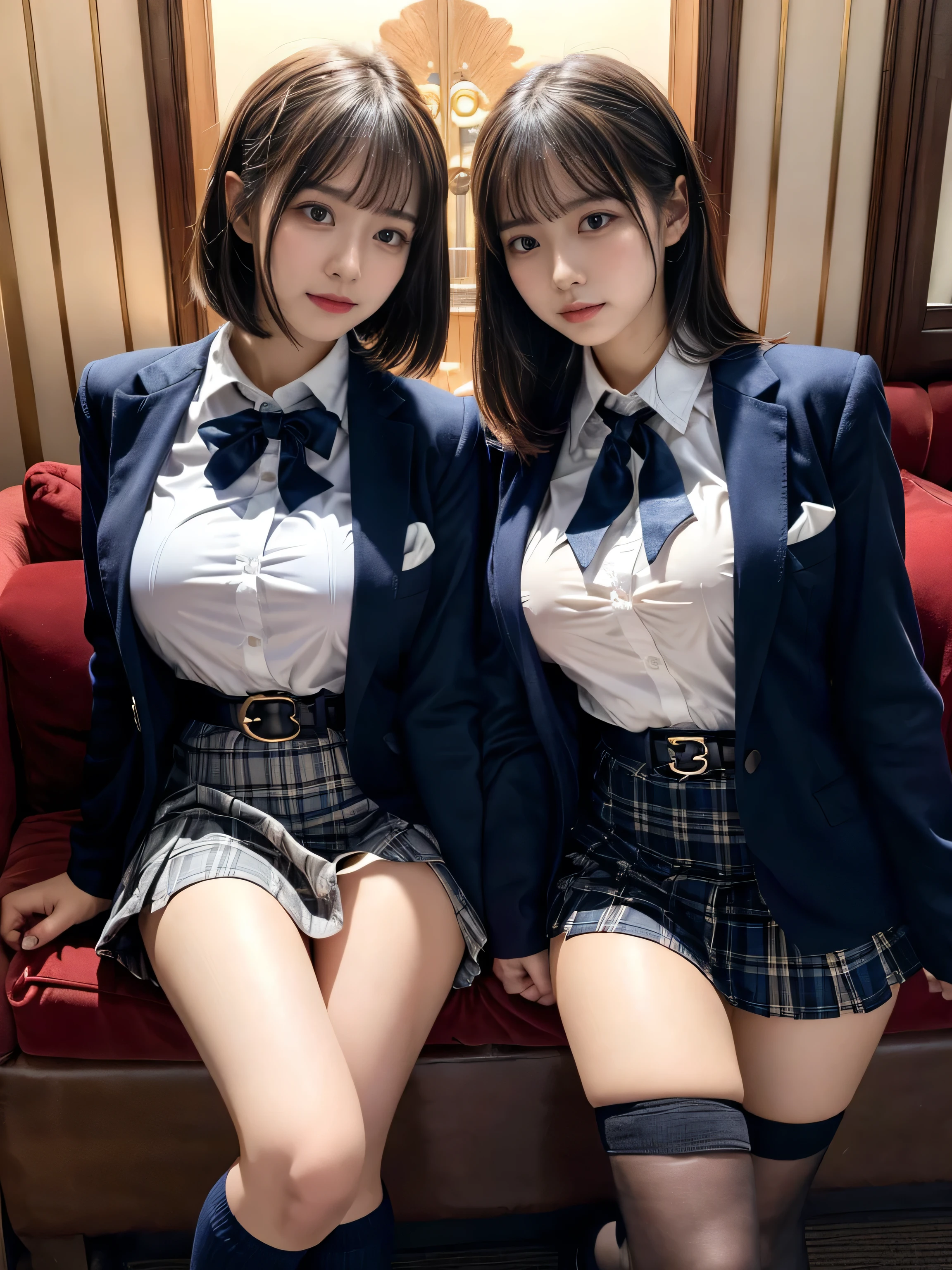 (8K, Raw photography, top-quality, ​masterpiece:1.2), muster piece, best quality, illustration, Super detailed, fine details, High resolution, 8K,wall paper, perfect dynamic composition,(Details High quality, realistic depiction of eyes:1.3), ((2 girls, 2 schoolgirls)), The background is a luxury hotel room、High school girl uniform、blazer 、Super Short Check Uniform Skirt、Navy blue high socks、garterbelts、Colossal tits、Disturbed uniform, Play with each other,Touching each other's bodies,Touching the body of the girl next door, short bob hair, black hair color, huge breasts, Big Natural Color Lip, bold sexy pose, (perfect body shape), crying a little、cold gaze, Beautiful makeup,glitter makeup,Cutest 18 years old、 beautiful legs, hposing Gravure Idol, Voluptuous thighs