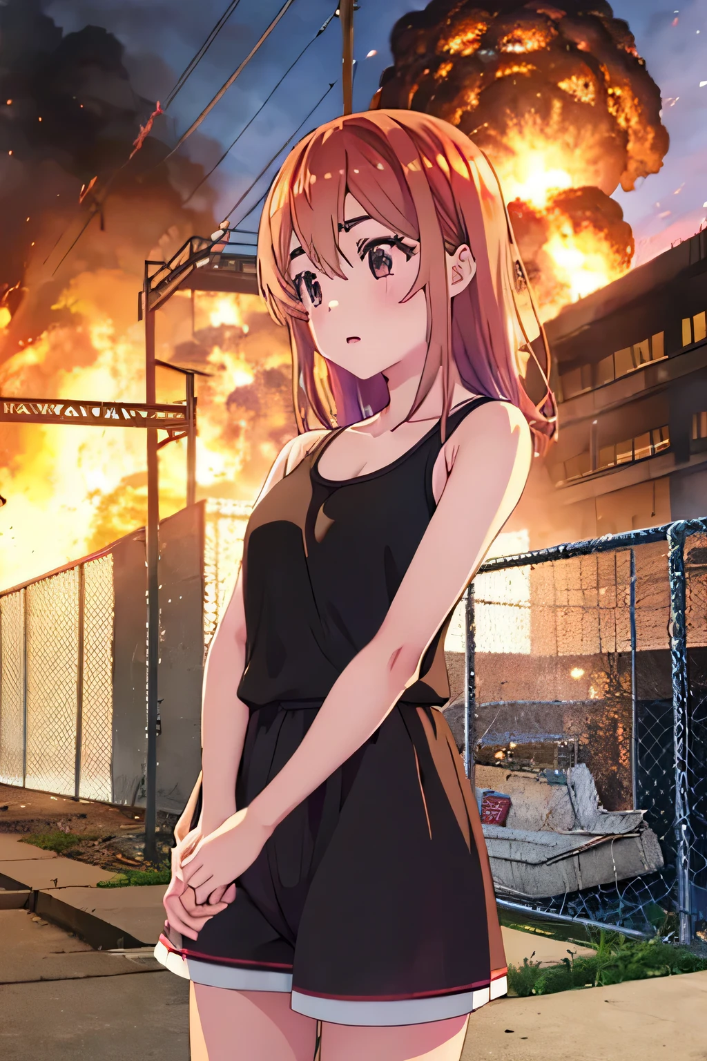 Sumi Sakurasawa、holding hundgun、at night、fence、1 girl、Sexy shorts、Black tank top、Military base exploding in flames、The building is on fire