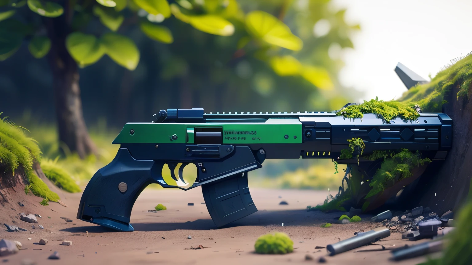 Science Fiction，unmanned，The gun has crystal，Red gun，plasma，Plant and machine combination，moss，The vine plant attached to the gun，cgi，Realism，Light and Shadow，HD，Extreme details，high resolution，Outdoor scene on the ground，There are colorful particles floating around
