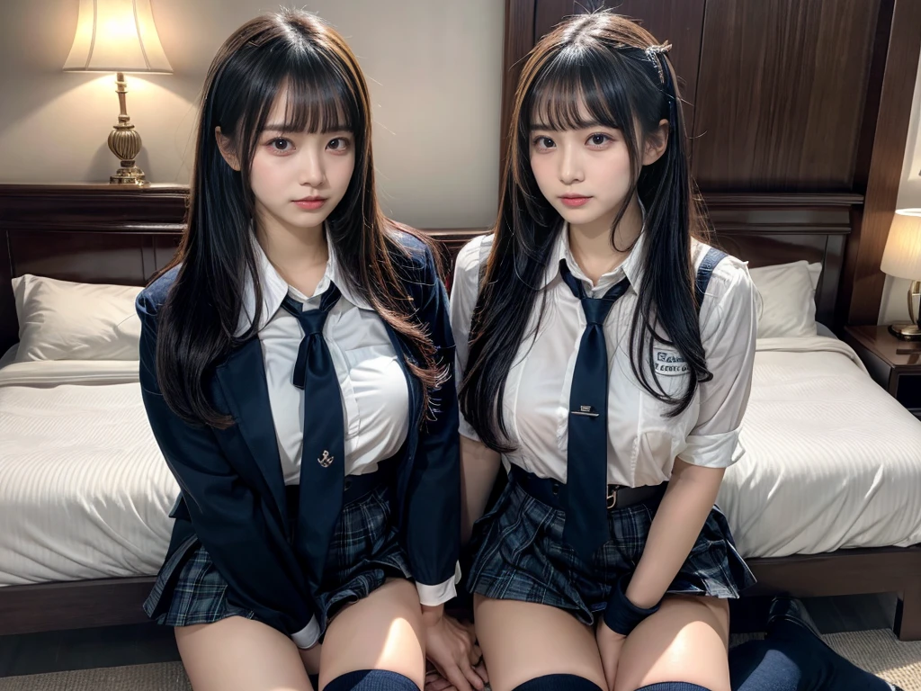 (8K, Raw photography, top-quality, masterpiece:1.2), master piece, best quality, illustration, Super detailed, fine details, High resolution, 8K,wall paper, perfect dynamic composition,(Details High quality, realistic depiction of eyes:1.3), ((2 girls, 2 schoolgirls)), The background is a luxury hotel room、High school girl uniform、blazer 、Super Short Check Uniform Skirt、Navy blue high socks、garterbelts、Colossal tits、Disturbed uniform, Play with each other,Touching each other's bodies,Touching the body of the girl next door, short bob hair, black hair color, huge breasts, Big Natural Color Lip, bold sexy pose, (perfect body shape), crying a little、cold gaze, Beautiful makeup,glitter makeup,Cutest 18 years old, beautiful legs, hposing Gravure Idol, Voluptuous thighs