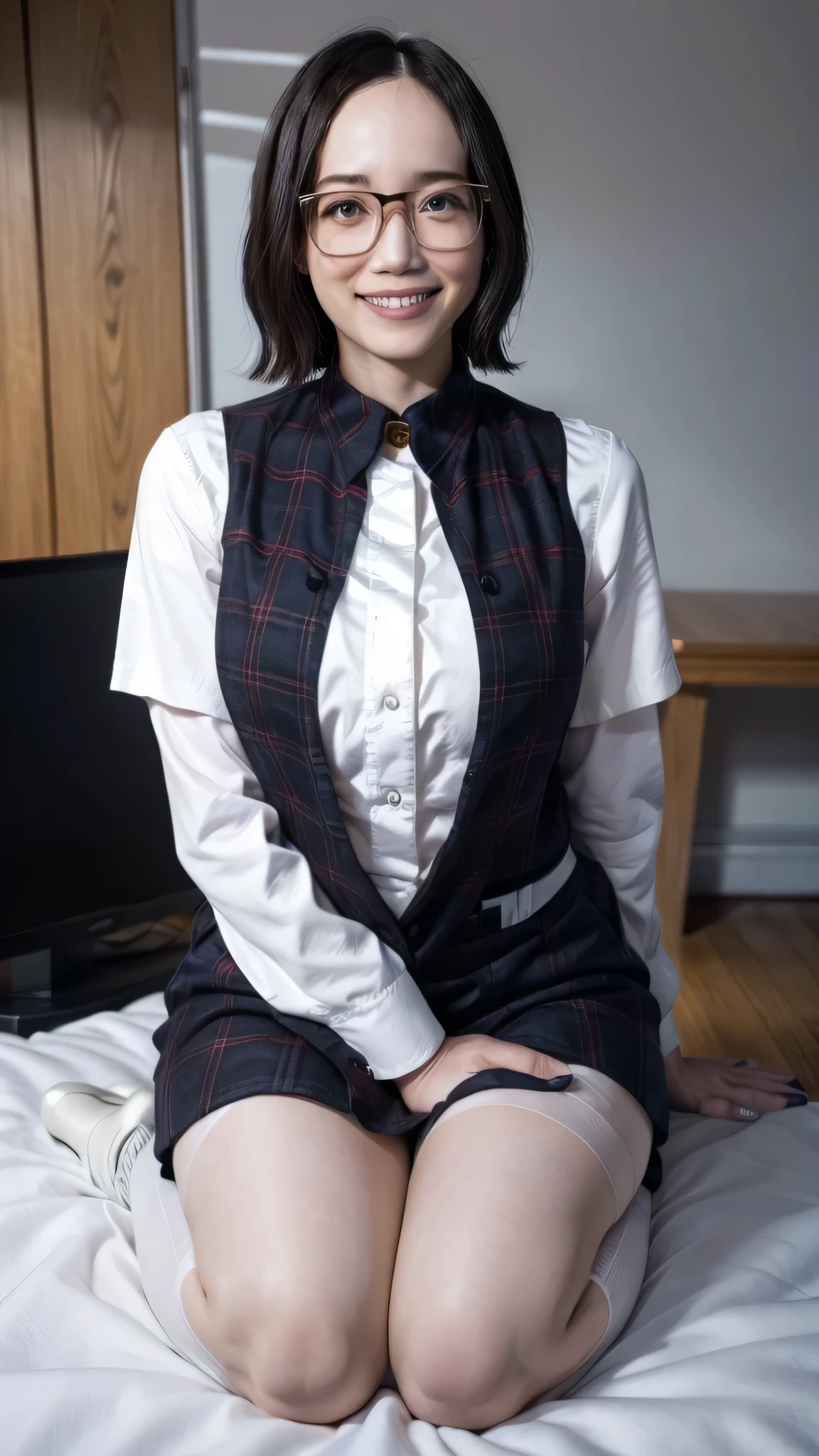 Ulzzang-6500-v1.1, (RAW Photos:1.2), (Photorealistic), (Genuine:1.4), (Pieces fly), A quiet, sober woman wearing glasses and a checked vest., Wear a tight micro mini skirt, Wearing glasses, A little chubby、(Ultra-realistic pantyhose:1.2), Thick lips、Yoshitomo Nara, , Japanese Goddess, Porn actress, Sexy Girl,  Geeky appearance,Geeky,Sexy Gaze, (A very loving smile:1.4)、 ((Full Body Shot:1.25))、Sit on the bed and seduce、Very large breasts bigger than a face, Ultra-realistic skin texture、Shiny skin、Very large breasts bigger than a face、Geeky random porn actress poses, Exposed thighs!!!