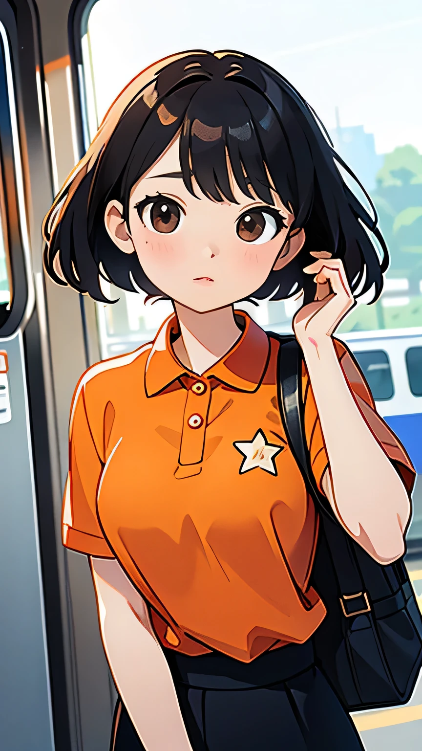 Realistic photos (1 cute Korean star) Reverse hair, light makeup, The chest size is medium, Orange polo shirt, At the train station, Canon EOS'Distinctive features of, 16k, High resolution, sharp, Realistic details, ExposedExposed, Interrupt, 超High resolution, High resolution, highest quality