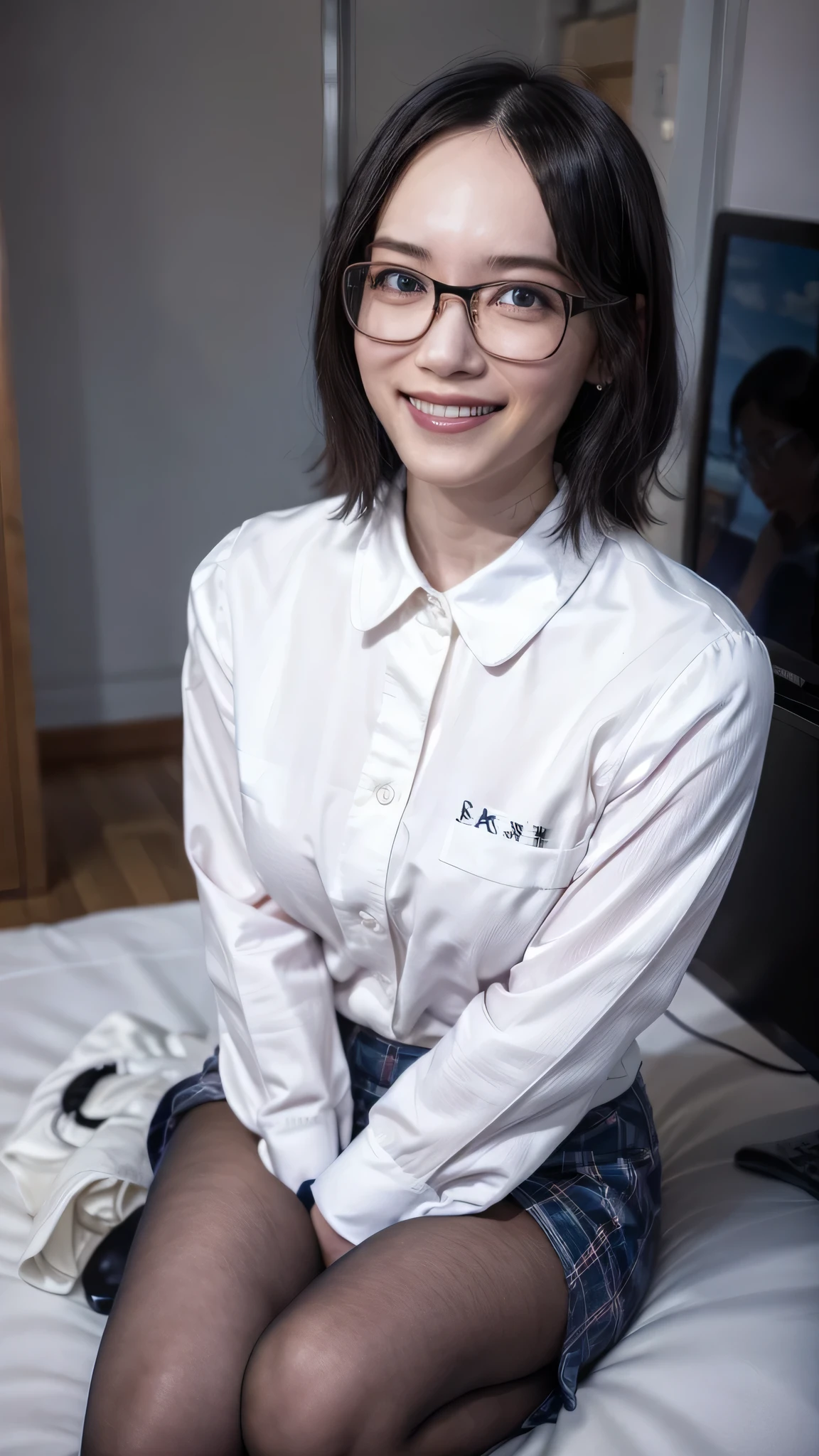 Ulzzang-6500-v1.1, (RAW Photos:1.2), (Photorealistic), (Genuine:1.4), (Pieces fly), A quiet, sober woman wearing glasses and a checked vest., Wear a tight micro mini skirt, Wearing glasses, A little chubby、(Ultra-realistic pantyhose:1.2), Thick lips、Yoshitomo Nara, , Japanese Goddess, Porn actress, Sexy Girl,  Geeky appearance,Geeky,Sexy Gaze, (A very loving smile:1.4)、 ((Full Body Shot:1.25))、Sit on the bed and seduce、Very large breasts bigger than a face, Ultra-realistic skin texture、Shiny skin、Very large breasts bigger than a face、Geeky random porn actress poses, Exposed thighs!!!