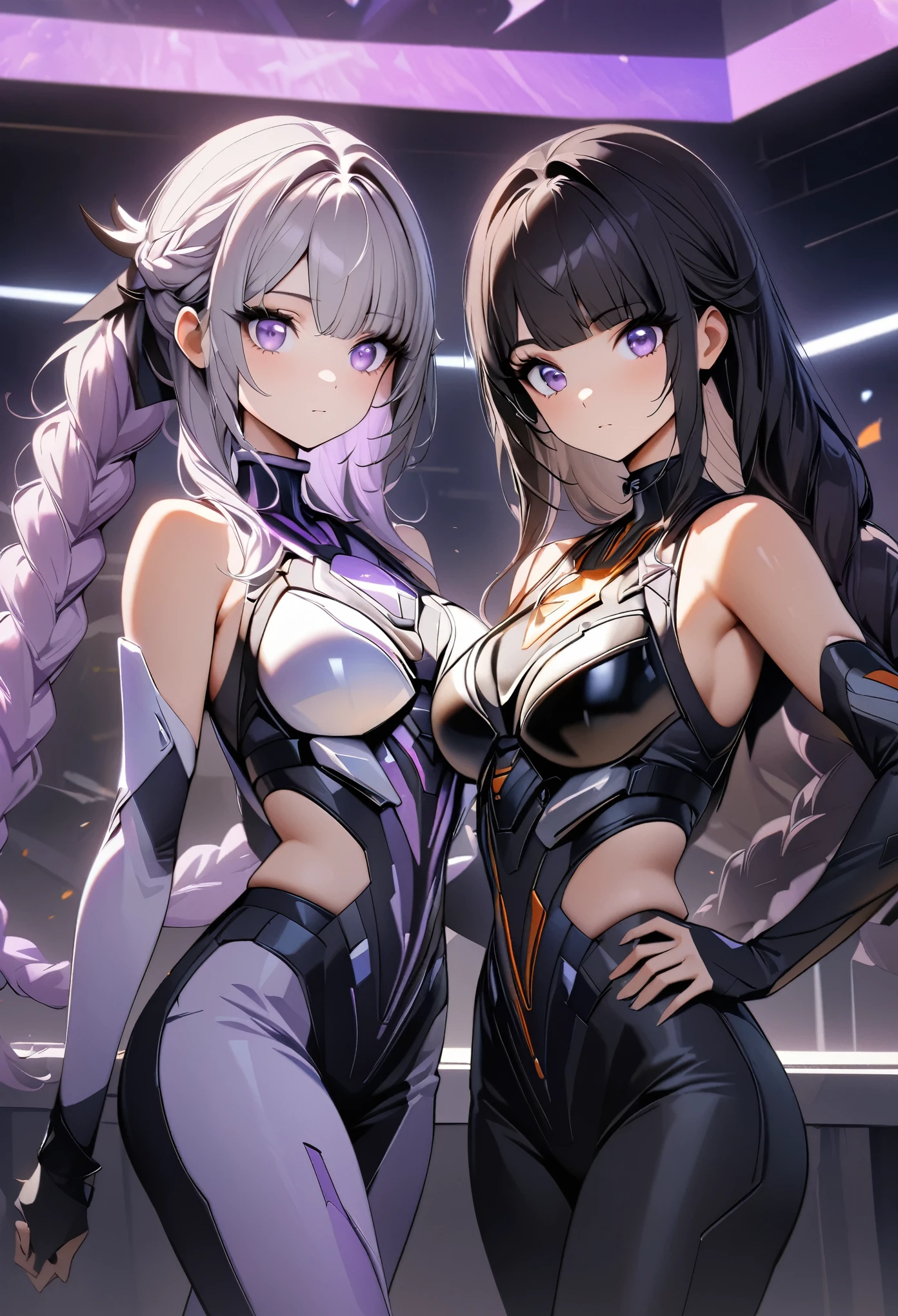 (highest quality:1.2, Very detailed, anime style:1.4, anime, High Contrast, masterpiece:1.2, highest quality, Best aesthetics), Two Girls, yinji and Kim Kardashian , 2Girls, standing side by side, view at viewer, little Solitary Girl, purple_hair,purple_Eye,Very_long_hair,grey_hair,Braided_Ponytail, medium breast, slope_hair, Kim Kardashian with black hair, purple, turtle neck, black jacket, long back pants (cinematic scene), masterpiece, artwork