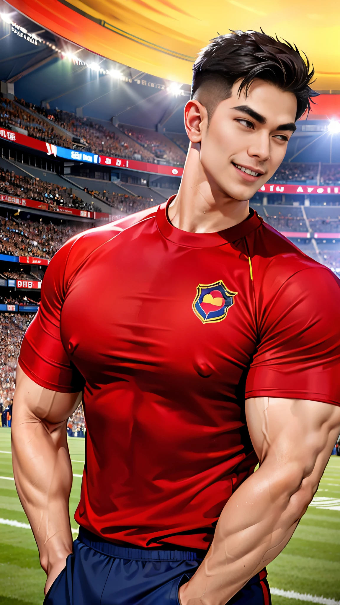 1 man, smile, (Wearing a red shirt., round neck, short sleeve football shirt.), Navy cargo pants, Korean people , korean men, (high gloss details), chest muscles, Big arm muscles, blood vessel, big muscles, Broad shoulders, looking at the audience, Balancing the eyes, (Make eye contact), sports stadium, football