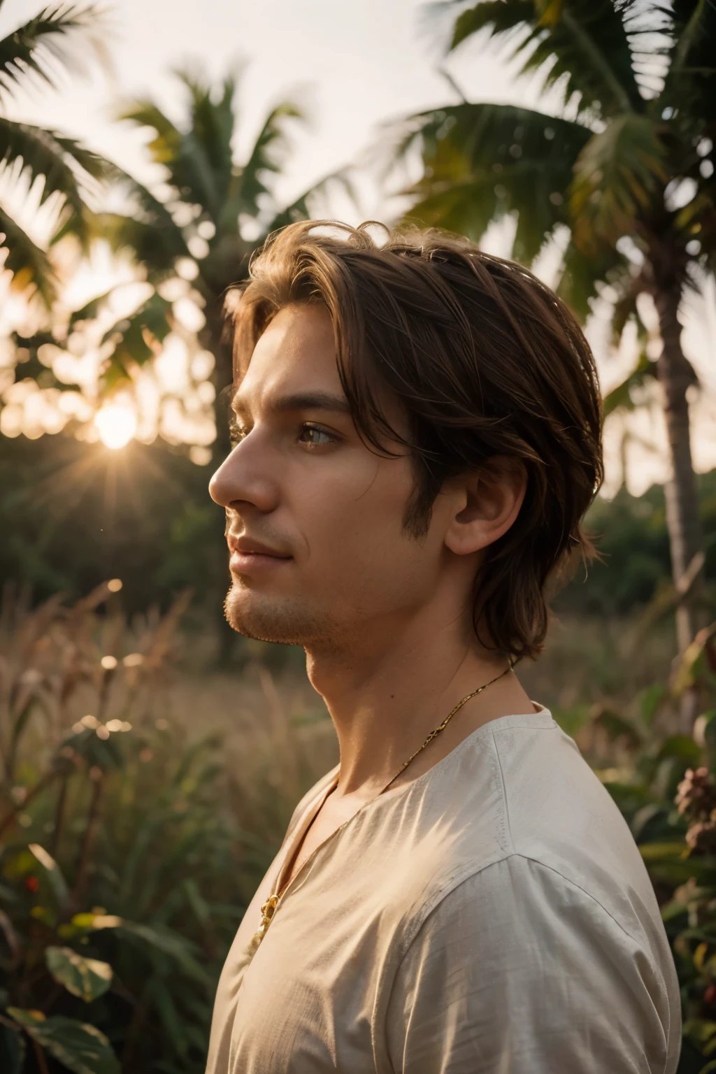 A realistic, insanely handsome happy bohemian man, short windy hair, full length, highly detailed face, nature background at sunrise, detailed body, highly detailed, soft colors, porcelain skin, elegant, golden ratio, light brown hair, short windy hair, extremely handsome detailed eyes, bright colors, rainbow hair, giving a sense of isolation and introspection, backlighting, hasselblad helios 48mm F2