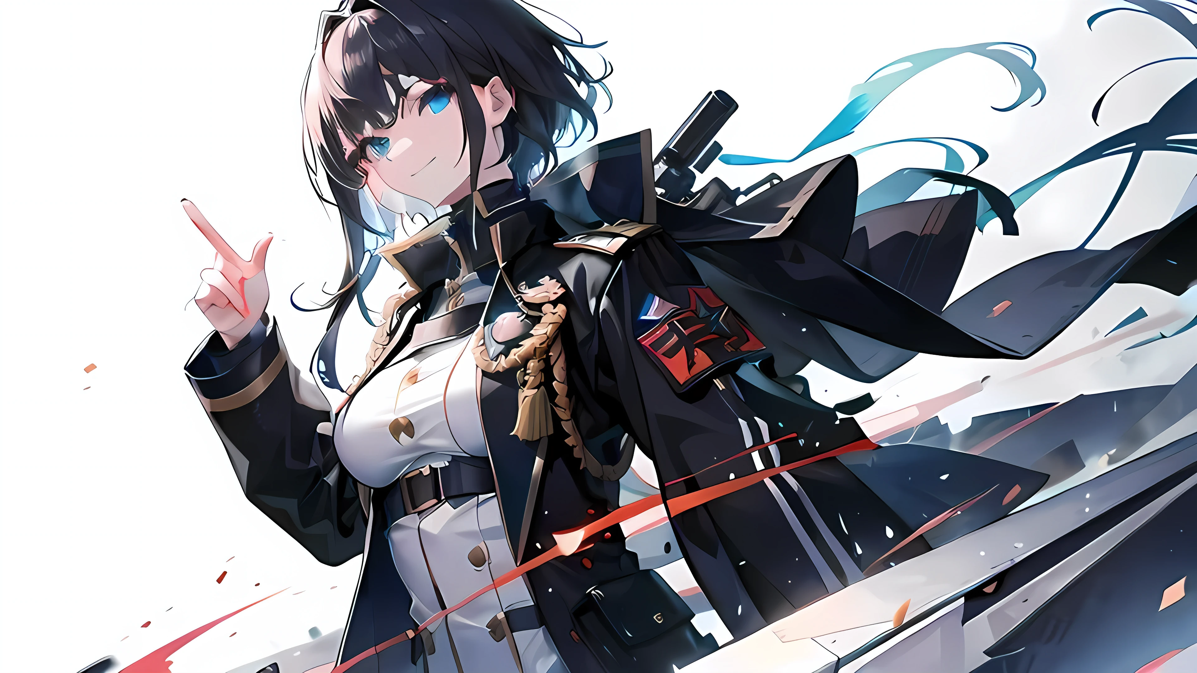 Highres, high quality, Epic atmosphere, stunning 4k artwork featuring a female, eye glowing, long hair ,clothes, female, legwear, modern clothes, military clothes, white background, short hair, smile, (beautiful eyes:1.2), (clear hands:1.1)