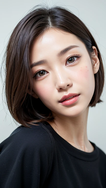 (((Close-up of face)))、(((Absolutely shoulder-length brown straight short bob)))、(((She is posing like a hair salon model, with a black wall indoors as the background.)))、(((Casual black winter long sleeves with shoulders covered)))、Half Japanese, half Korean、18 year old girl、Standing Alone、Looking forward、Light eye makeup、Brown Hair Color、Flat and 、Hair blowing in the wind、Actress Quality、Glossy, ultra-realistic face、Smiling face、Watery eyes、Gazing Up、Subtle lighting effects、 Ultra-Realistic Capture、Very detailed、High resolution 16K close up of human skin。Skin texture must be natural、The details must be such that pores can be clearly seen、The skin is healthy、Uniform tone、Use natural light and colors、A worn-out, high-quality photo taken by a model agency&#39;s in-house photographer.、smile、(((SIGMA 300 mm F/1.4,1/1000 sec shutter,ISO 400))) 