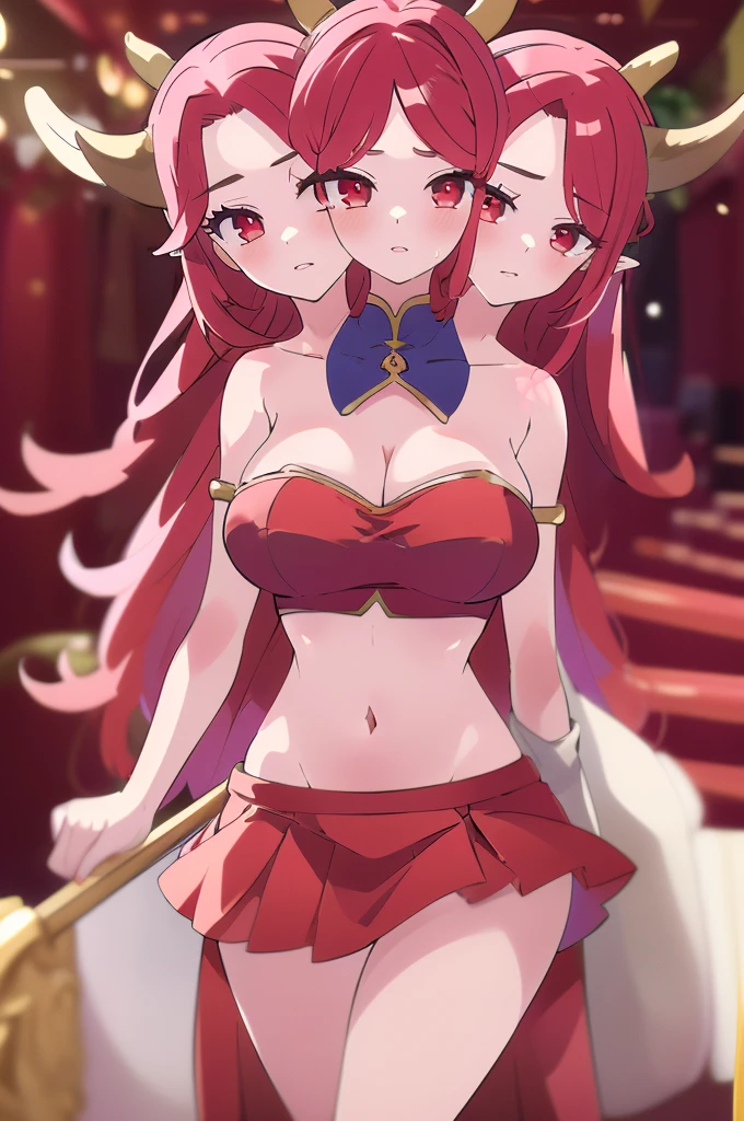 (masterpiece, best quality), best quality, (ultra-detailed), (3heads:1.5), 1girl, (Singyoku :1.3), masterpiece, best quality, ultra quality, ultra resolution, ultra detail, red top, crop top, ((stomach)), midriff, ((groin)), red skirt, normal ears, shackles, flowing red hair, very long hair, wavy hair, sidelocks, glowing red eyes, parted lips, detailed eyes, sweat, cute, toned belly, hand on own chest, eyelashes, (24 year old woman:1.3), (masterpiece:1.5), (best quality:1.5), (beautiful detailed), extremely detailed CG, extremely delicate and beautiful, depth of field, (finely detailed face), (perfect details:1.2), (mature female:1.3), wide pelvis, slender, large veiny breast, 16k resolution, highres, very high quality, very high definition, extremely detailed, masterpiece, flowing red hair, long hair, alluring presence, braid, short skirt, close up, big tits, young, horns, milf,
