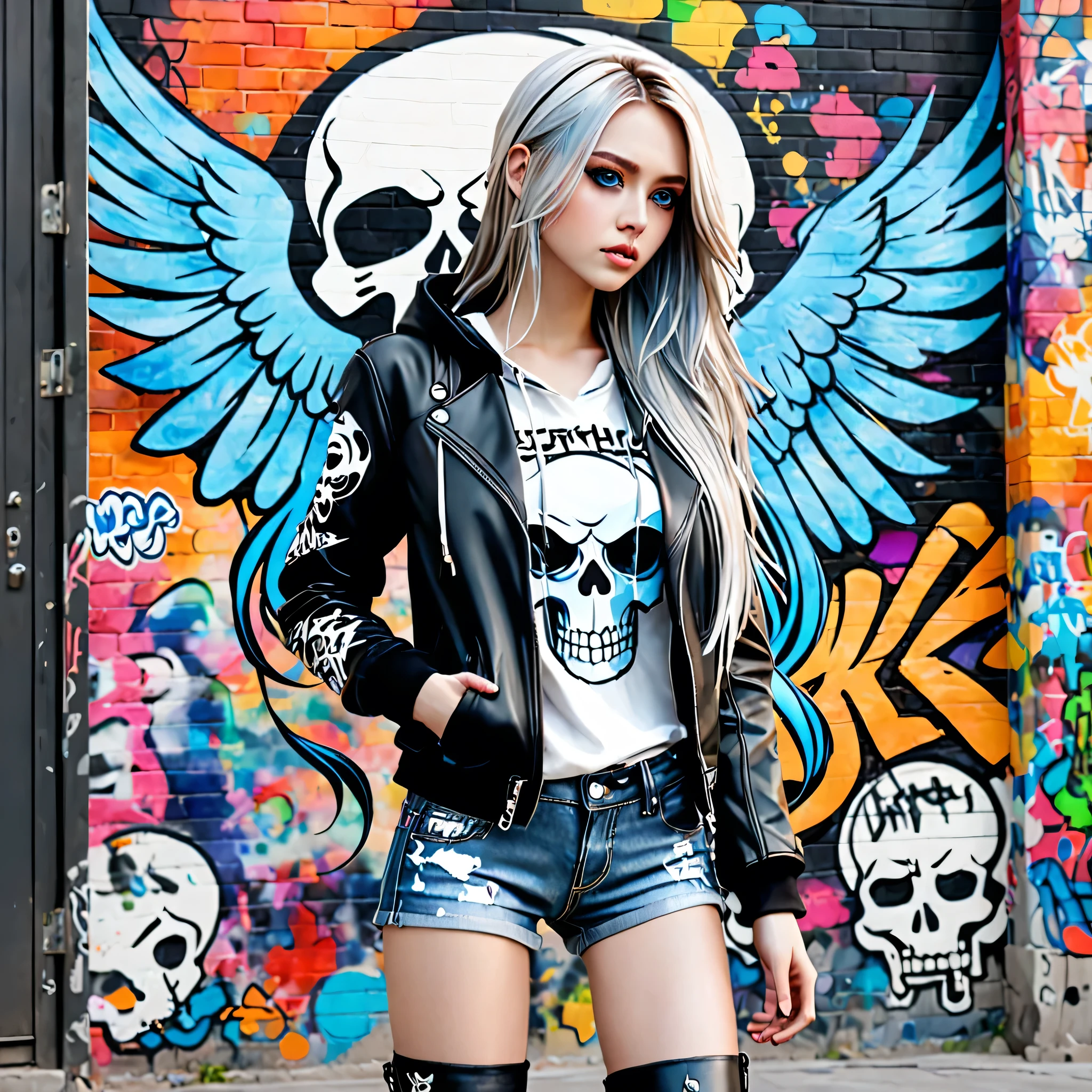 Style: Unparalleled high-precision transparent watercolor, masterpiece, super definition, Japanese animation character design, 3D rendering
She has light blue eyes and long hair that flutters in the wind.
Beautiful girl wears a leather skull hoodie leather jacket, short jeans and boots,
Graffiti on the wall
Scene is colorful and dark
General view
