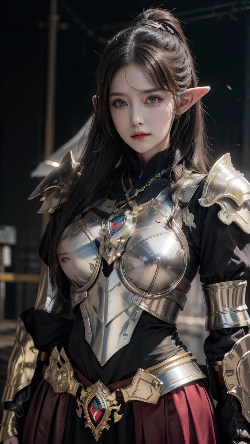(masterpiece:1.2), (highest quality:1.2), Perfect Eyes, Perfect Face, Volumetric lighting, One girl, Mature Female Warrior Nun, Mature Woman, armor, Robe, Black Hair, Shoulder rest, shield, belt, Fantasy, Outdoor, Detailed Background, compensate, lipstick, eye shadow, mascara, Thick eyelashes、whole body、Stern expression、Smile、whole body、Long skirt、((Pointed Ears))