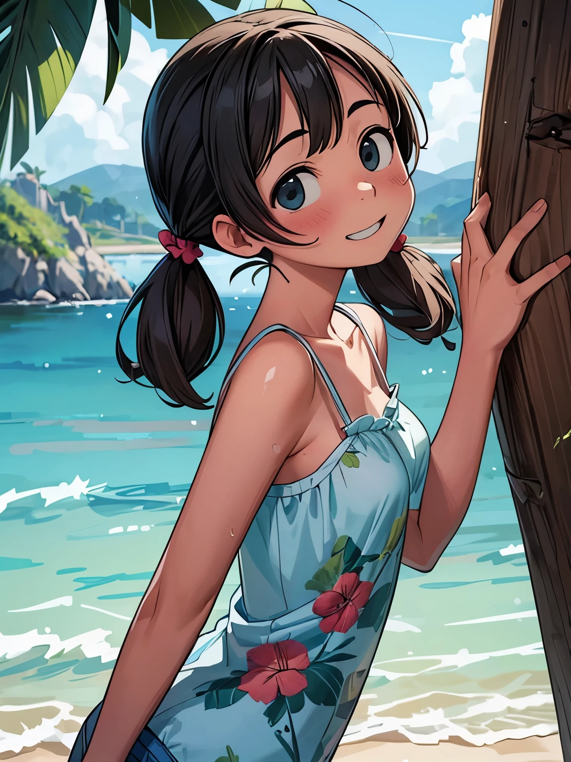 (2girls:1.2) , couple focus, classmates, Adorable, ars, Upper body, japanaese girl, cheek-to-cheek, Leaning forward,   Ruffled Summer Dresses, Twin-tailed,  Beach,  (Smile:0.9), hair scrunchie, Low contrast, Best Quality, 超A high resolution, photographrealistic, ultra-detailliert, 8K, Raw photo, (downbrouse:1.0), (cleavage:1.0), takamichi style 