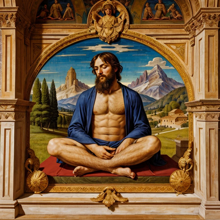 A stunning Renaissance-inspired painting depicts a bearded man sitting in a serene meditation pose. The background features a majestic mountain range and a tranquil sky, reminiscent of the works of Mariotto Albertinelli, Giovanni Bellini, Ridolfo Ghirlandaio, and Piero di Cosimo. The man's clothing and the overall composition are reminiscent of Pietro Perugino's style, while the intricate details echo the mastery of Petrus Christus. The presence of the figure evokes the introspective nature of Andrea Mantegna's art. The overall ambiance of the painting exudes a sense of spirituality and contemplation.