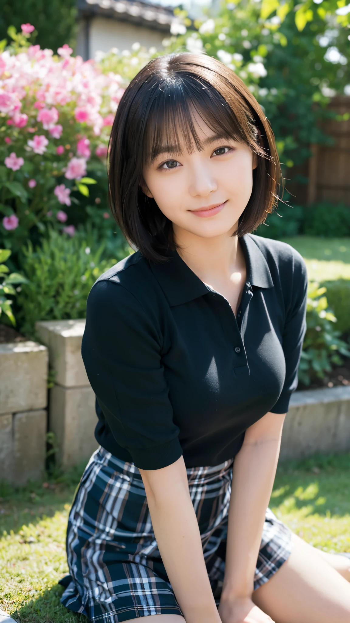 (highest quality,masterpiece:1.3,Ultra-high resolution),(Super detailed,Caustics,8k), (Photorealistic:1.4, RAW shooting),garden,grass,sit,Japanese,20-year-old,cute,(smile),Looking into the camera,Short black hair,Polo shirt,mini skirt,High angle,High Position,Face Focus,Face close up,Natural light