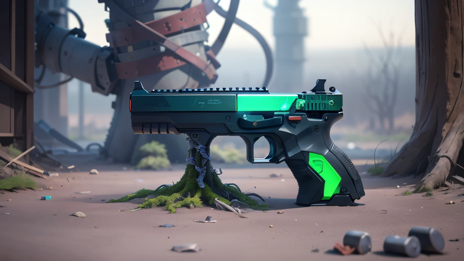 Science Fiction，unmanned，The gun has crystal，Red gun，plasma，Plant and machine combination，moss，The vine plant attached to the gun，cgi，Realism，Light and Shadow，HD，Extreme details，high resolution，Outdoor scene on the ground，There are colorful particles floating around
