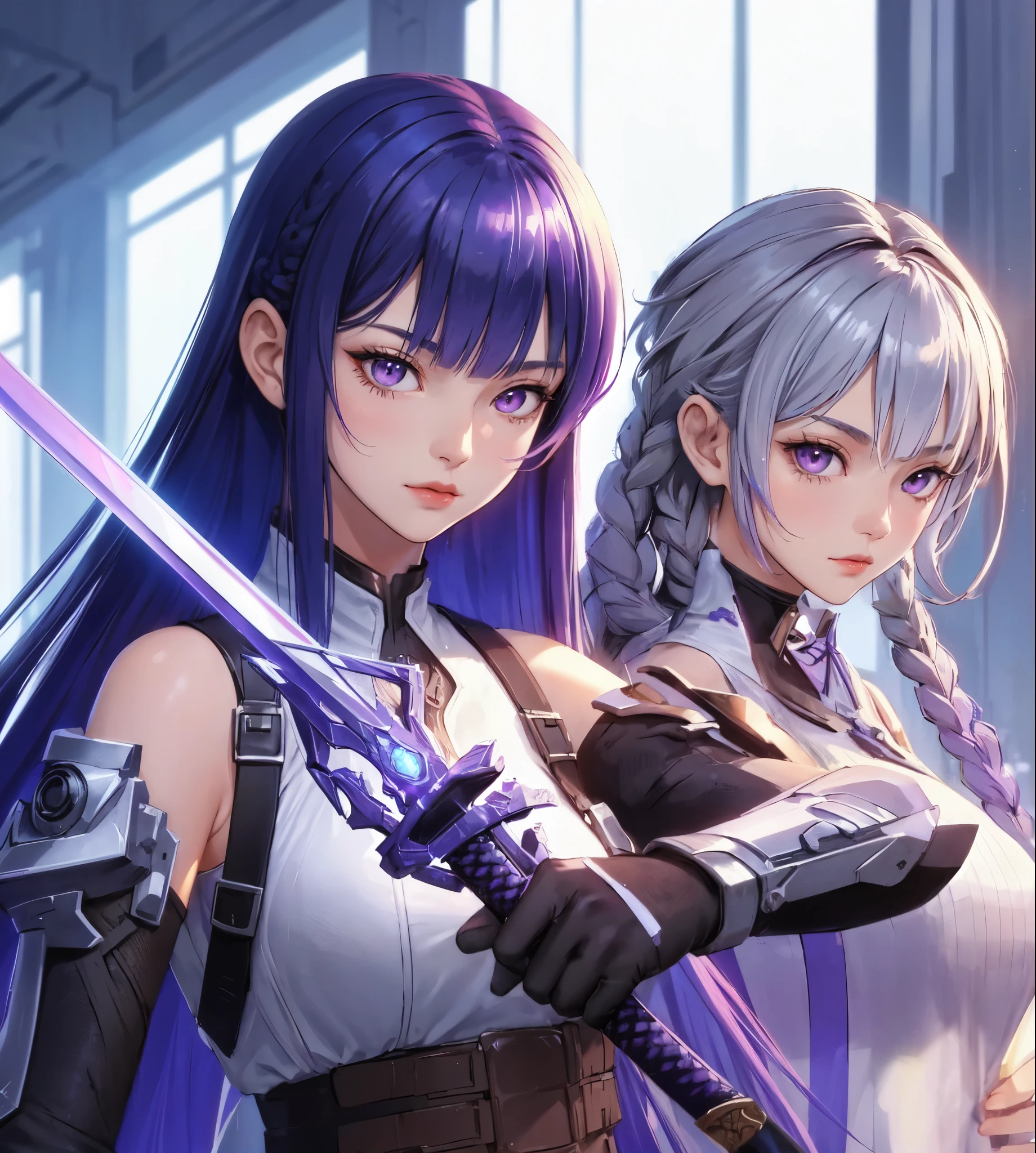2ladies standing, (futuristic costume) (stylish outfit), mature female, cool expression, (light smile:0.8), dignified, (masterpiece best quality:1.2) delicate illustration ultra-detailed, large breasts BREAK 1lady, (holding Japanese sword), (dynamic posing), (indigo straight hair) bangs, (gradient hair) green, glove BREAK 1lady, (silver long hair) bangs, (twin braid), (gradient hair) purple, purple eyes BREAK (holding futuristic katana sword), (blade shimmering) BREAK (futuristic game world), dimly lit, danger, sharp lighting, detailed background