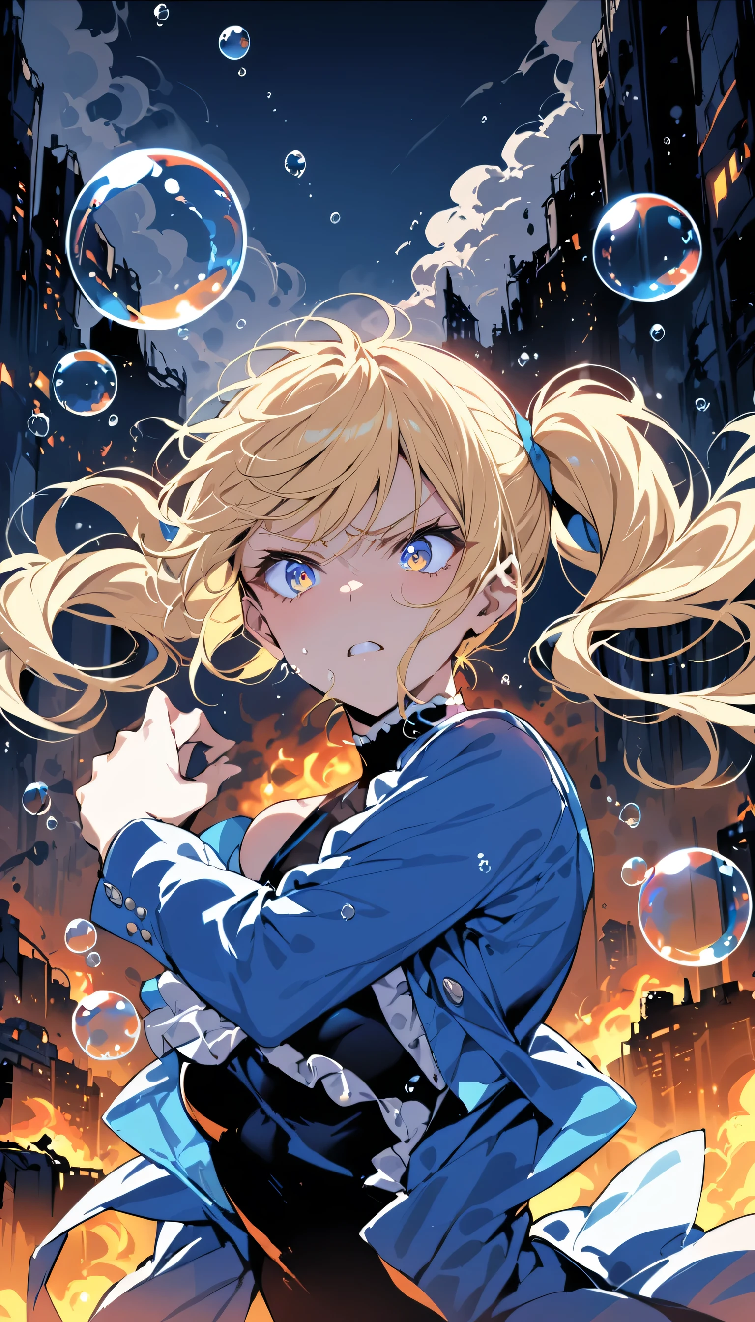 masterpiece, highest quality, bubble, Blue clothes, Blonde twin tails, Pretty face, Highly detailed eyes, Intense expression, Fighting Pose, Destroyed city, A distant fire, Rising Smoke, 