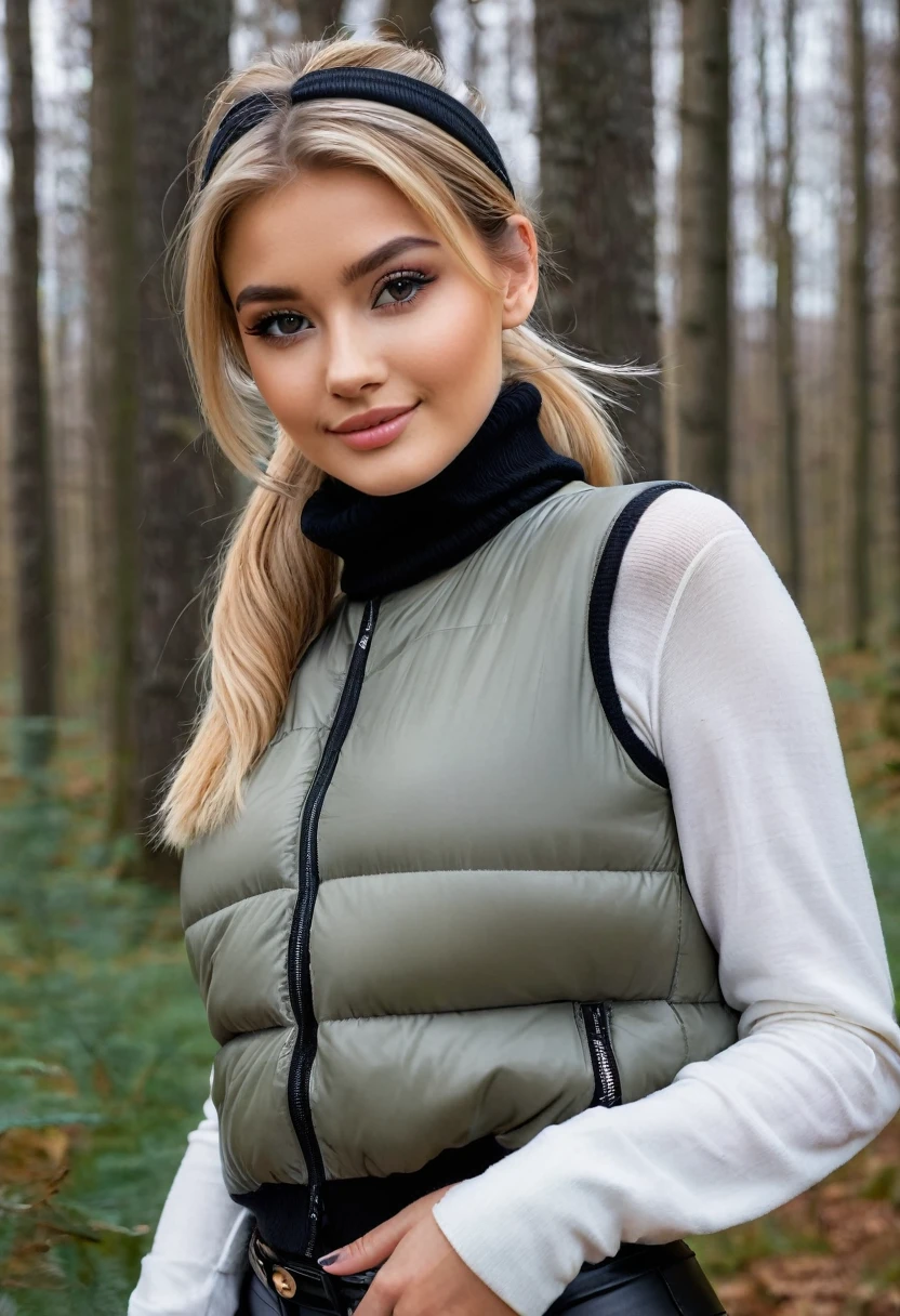 hyperrealistic beautiful busty 18-year-old women with long legs wearing turtleneck shirt with cropped puffer-vest and faux leather leggins, model shooting full body photography, natural blonde long straight ponytail with hair-band, dark eye makeup with eyeliner, seductive smile, small necklace, 8K, Best quality, Meisterwerk, ultra high resolution, (Realismus: 1.4), Originalfoto, (realistische Hautstruktur: 1.3), (Filmkorn: 1.3), (Selfie-Winkel), 1 girl, Beautiful round hazel eyes and facial details, Meisterwerk, Best quality, posing outdoor deep in the woods