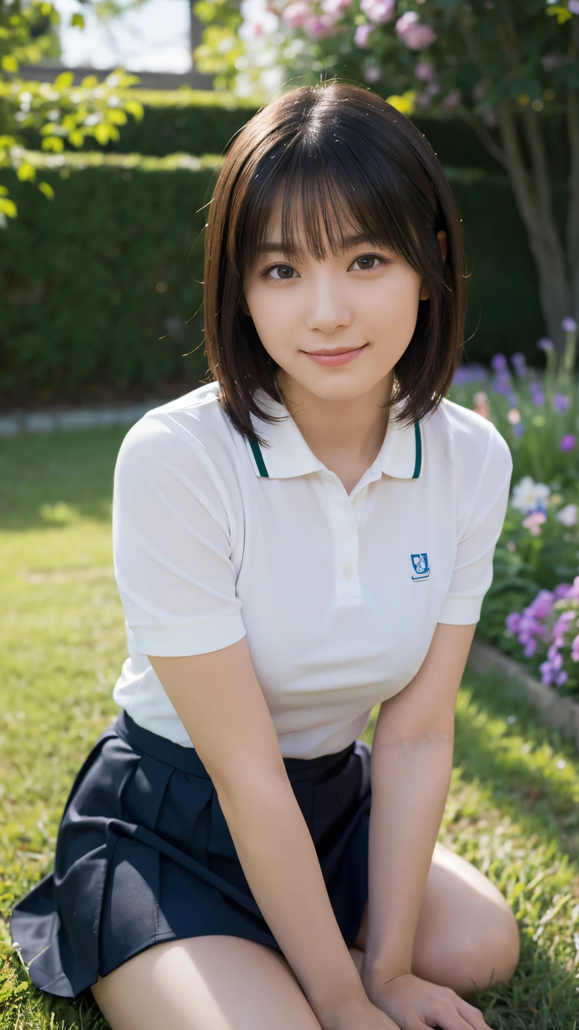 (highest quality,masterpiece:1.3,Ultra-high resolution),(Super detailed,Caustics,8k), (Photorealistic:1.4, RAW shooting),garden,grass,sit,Japanese,20-year-old,cute,(smile),Looking into the camera,Short black hair,Polo shirt,mini skirt,High angle,High Position,Face Focus,Face close up,Natural light