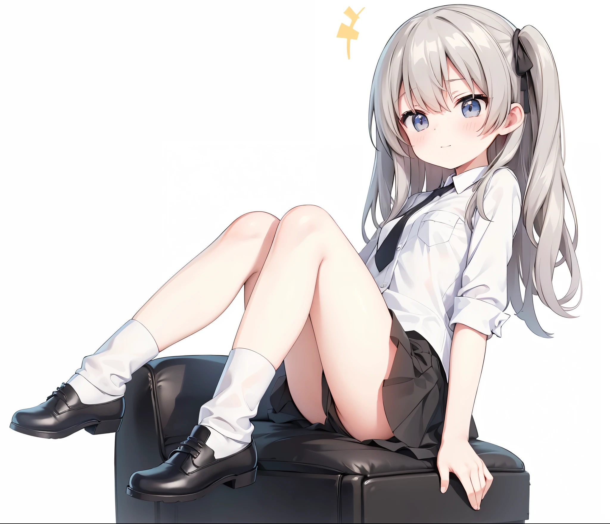 full body, white background, sitting, from below, white shirt formal, skirt, Thighs, tie, flat chest,