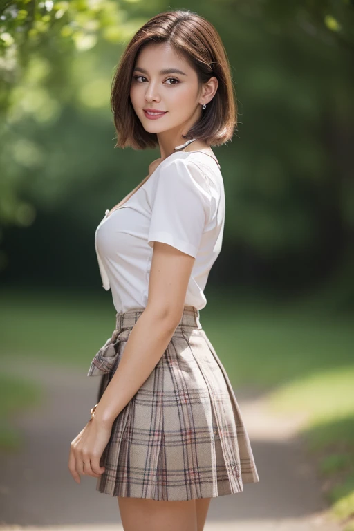 nsfw, 8K raw photo, Best quality, masterpiece, ultra high res, film grain, filmg, 1girl, looking at viewer, natural skin texture, realistic eye and face details, full lips, lipstick, (makeup), red eyeshadow, fluffy short hair, messy hair, smile, close mouth, beautiful legs, tall female, skinny, slim_legs, solo, enormous breast, cleavage, Pose with buttocks facing you, ultra short skirt, ass, shirt, beautiful nature location, around flower location, (detailed background), gray skirt, white shirt, enormous breast, cleavage, Show a little cleavage through the shirt, loafers, blurry background, blurry, holding, plaid, short sleeves, jk ribbon on the neck, jk ribbon, brown hair, bracelet, water, jewelry, parted lips, lips, from front, pleated skirt, depth of field