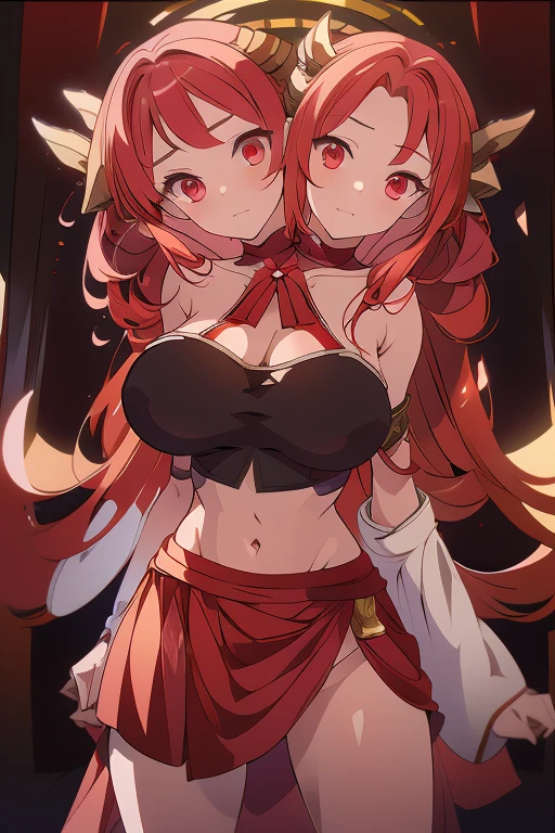 (masterpiece, best quality), best quality, (ultra-detailed), (3heads:1.5), 1girl, (Singyoku :1.3), masterpiece, best quality, ultra quality, ultra resolution, ultra detail, red top, crop top, ((stomach)), midriff, ((groin)), red skirt, normal ears, shackles, flowing red hair, very long hair, wavy hair, sidelocks, glowing red eyes, parted lips, detailed eyes, sweat, cute, toned belly, hand on own chest, eyelashes, (24 year old woman:1.3), (masterpiece:1.5), (best quality:1.5), (beautiful detailed), extremely detailed CG, extremely delicate and beautiful, depth of field, (finely detailed face), (perfect details:1.2), (mature female:1.3), wide pelvis, slender, large veiny breast, 16k resolution, highres, very high quality, very high definition, extremely detailed, masterpiece, flowing red hair, long hair, alluring presence, braid, short skirt, close up, big tits, young, horns, milf, girl with three heads,