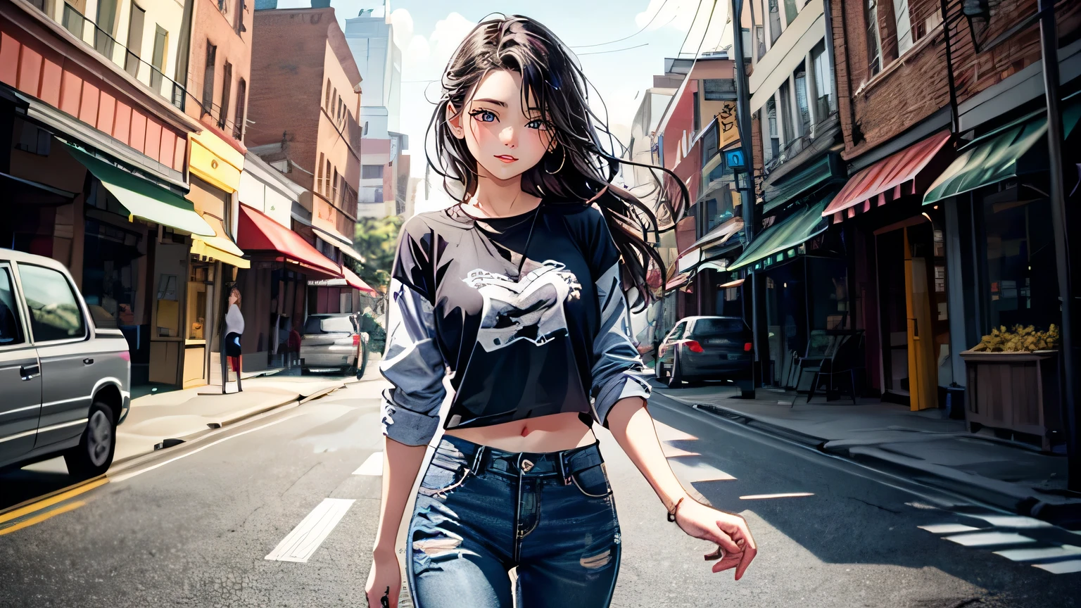 20-year-old girl, Long Hair, HIP-HOPファッション,Melting, One girl, jeans, beautiful, (Master Parts:1.2), (Better Quality:1.2), ((Happy and smiling)), Cinematic, Perfect Eyes, Perfect Skin, Perfect lighting, With a smile, Light, col, Rough skin, detailed, beauty, wonder, Super detailed, Perfect Face