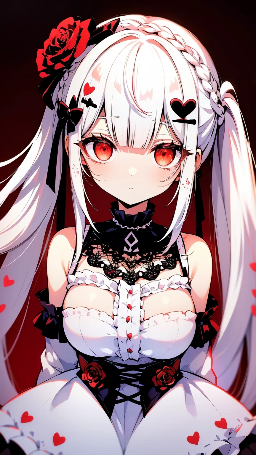 (limited palette), Best quality, (((Masterpiece))), (((Beautiful detailed hair))), (((beautiful detailed skin))), Solo, , Younger, , (((White hair))), Red eyes, (mascara), Blunt bangs, ((Hair over eyes)), Long hair, Medium breasts, Frilled white dress, White frills, Too much decoration, Rose, Noble, setia, The bride hair, (((Eye focus))), (((Expressionless))), The background is blurred out, Empty eyes, Blank eyes, (Red theme), bedroom background, view the viewer, (((hair tucking))), (((Night))), Semi-closed Eyes, Close-up, (((hair adornments))), Upright body, Neatly cut bangs, Braided hair at the back of your head, Sleeveless dress,