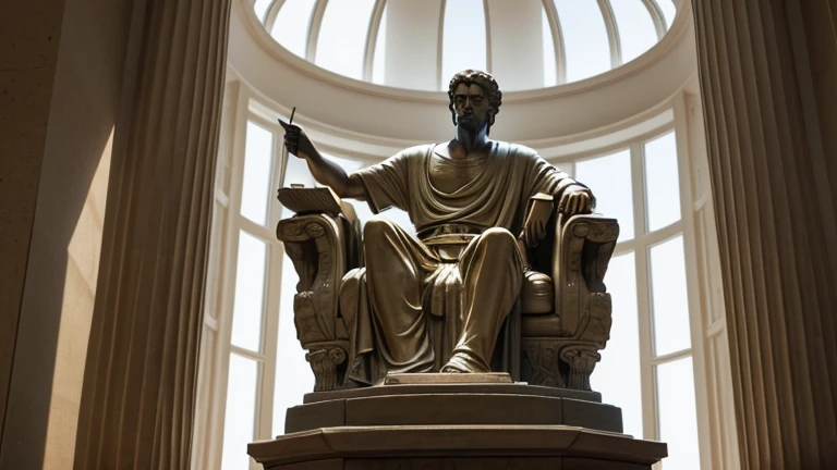 A statue of a stoic Greek philosopher in a contemplative, pensive or studying position.