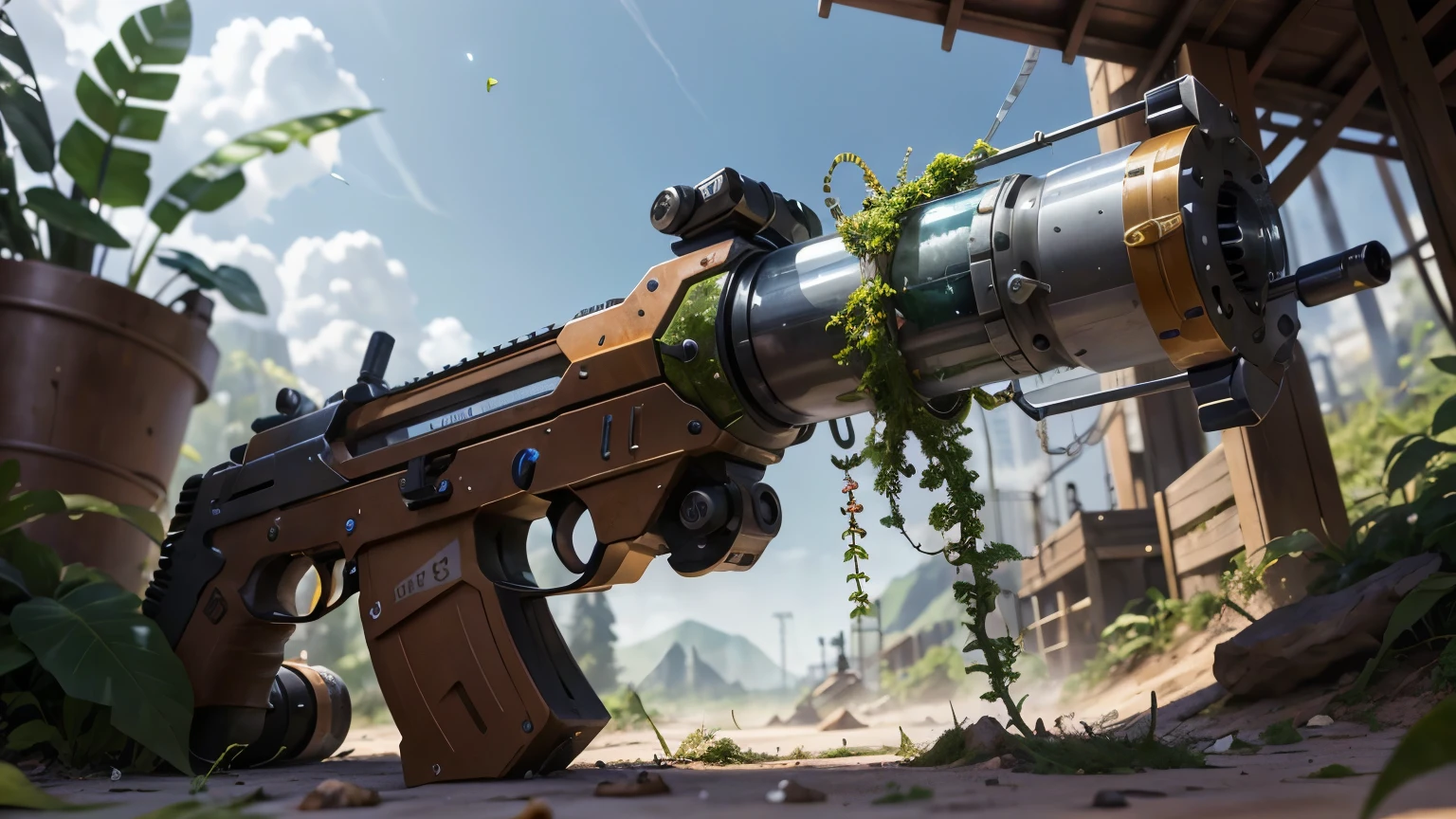 Science Fiction，unmanned，The gun has crystal，Red gun，plasma，Plant and machine combination，moss，The vine plant attached to the gun，cgi，Realism，Light and Shadow，HD，Extreme details，high resolution，Outdoor scene on the ground，There are colorful particles floating around
