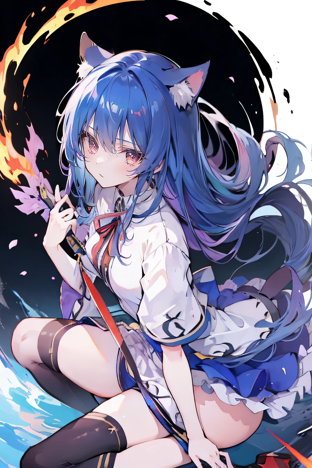 (masterpiece:1.2), extremely detailed, practical, expressive eyes, fair skin, perfect face shaping, 1 girl, japanese anime, gorgeous blue hair, the long flowing blue hair, floating clothes, cat ears, petals fall, beautiful lola, young angel, place your hands on your waist, sit elegantly on the ground, cross your legs, gentle and peaceful background, stately church, nun, detailed anime girl holding a sword in a fire scene, epic anime artwork, 4k anime wallpaper, 4k anime art wallpaper, 4k anime art desktop, 4k anime wallpaper, 8k anime art wallpaper, 4k anime wallpaper, 8k evil anime, anime wallpaper, anime wallpapers, hd anime wallpaper, 4k anime style