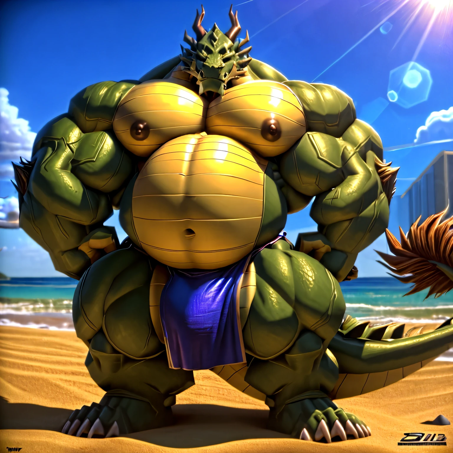 shendu, eastern dragon king, male dragon, eastern dragon,hefty body, with very big muscles, hulking, huge, colossal body, extremely strong, big abdominal muscles, hefty musclegut, pecs, Strong and robust musclegut , prominent muscle abs, sharp claws, legs, feet, full body, loincloth, nipples, sunlight, daylight, outdoor, bright , at noon, good weather, 4k, best quality,