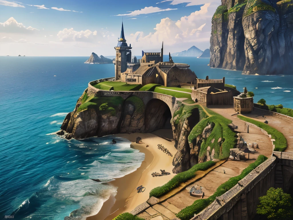 ((best quality)),(Ultra-high resolution),(Super detailed),(Detailed description),((Best CG)),(Best works of art),ultra-precision art,Amazing Art,(Fantasy art with precise details:1.5), Medieval castle，Close to the sea，There is a boat