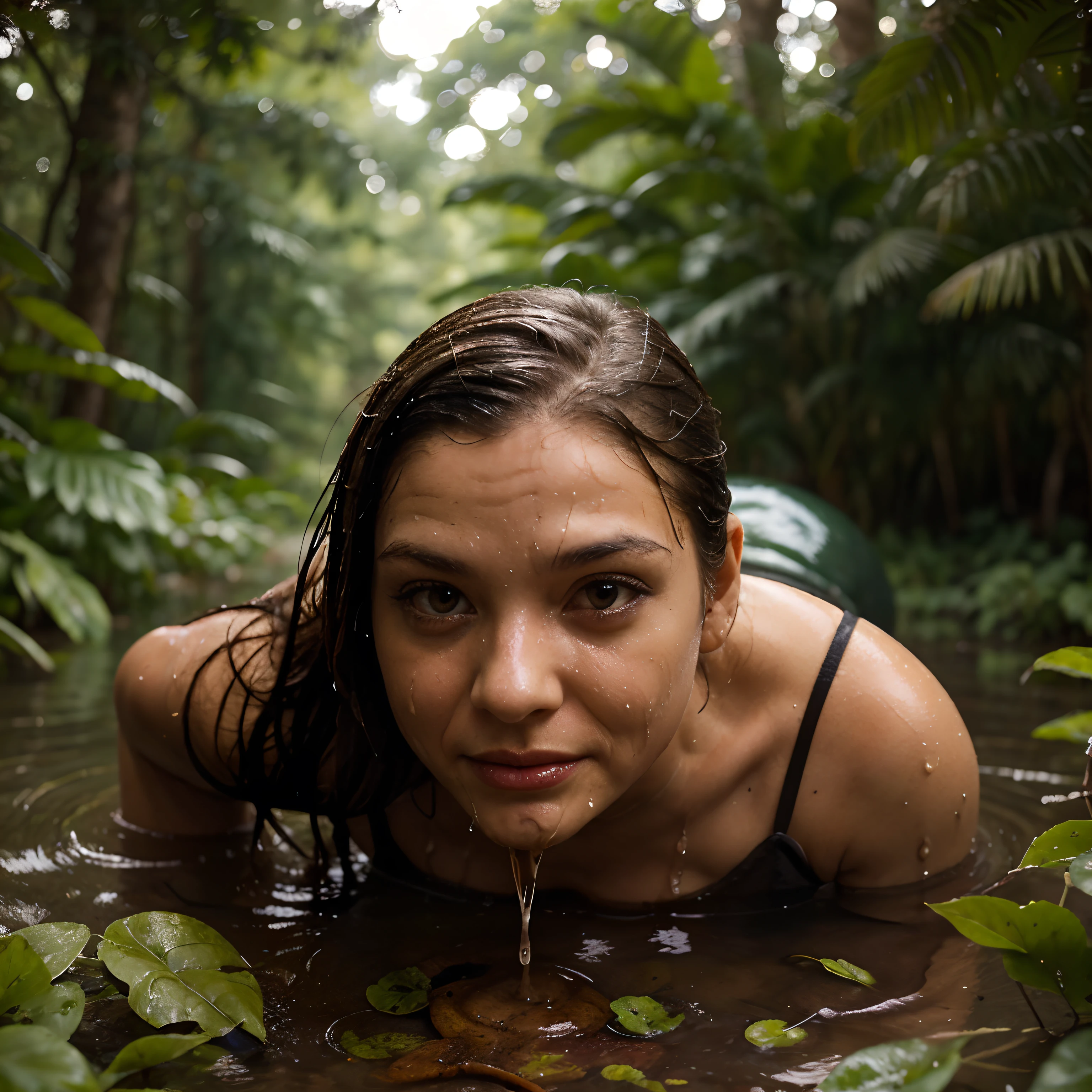 Slimy, wet brown slug with weird eyes and wrinkles in the forest