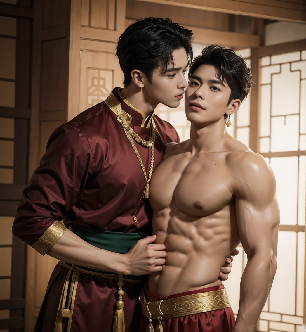 Two handsome boys kiss, Smile at each other, striking ,Embrace, kiss, touch the lips, cuddle, Romantic,skin contact, 中國male神, myth, Practical, Journey to the West, Super handsome,male子气概, Korean Idol, handsome korean actor, 20 years old,, Delicate face, male子气概 jawline, male子气概 chin, Detailed messy curly hair styling, Topless, muscle, Swelling of chest muscles,Plump and athletic figure, Full frame,full-body shot, Sexy, Practical, Human skin,rough real skin, Professional studio lighting, Red long Tibetan outfit, Full of jade and gold pendants , Jewelry details on the dress, earrings,Chinese temple background,outdoor, Ultra detailed background,Looking at the camera , open mouth, Under the loin cloth, warrior, Hanfu red wedding dress, male, Nobel Prize, seduce , Bare chest , Mostly juicy ass, just be frank,Perfect hand details
